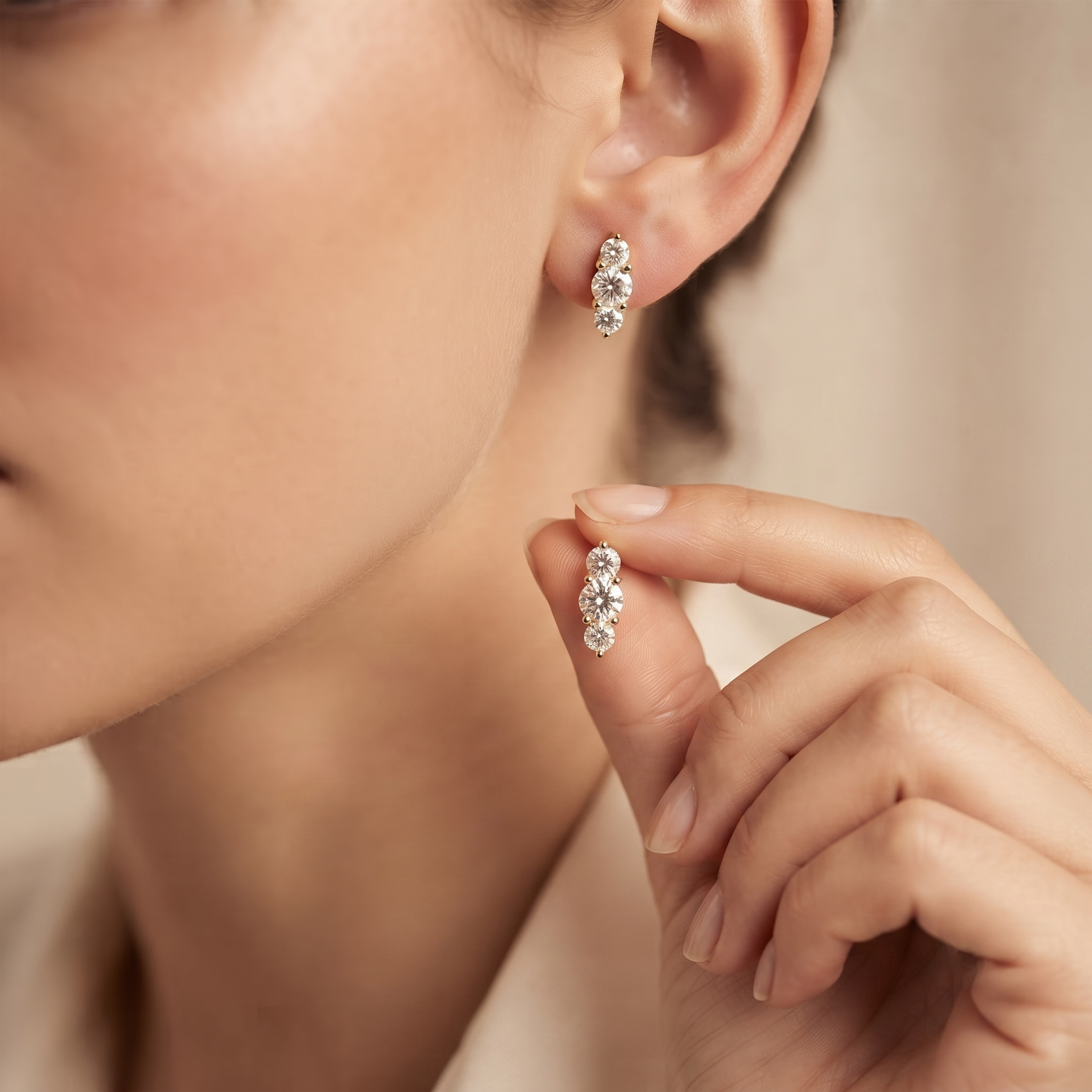Graduated Three Stone Diamond Stud Earrings