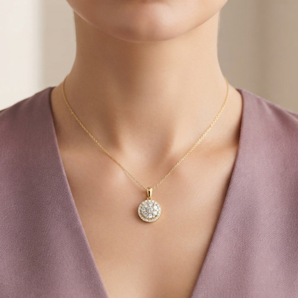 Round Cluster Halo Diamond Pendant Necklace