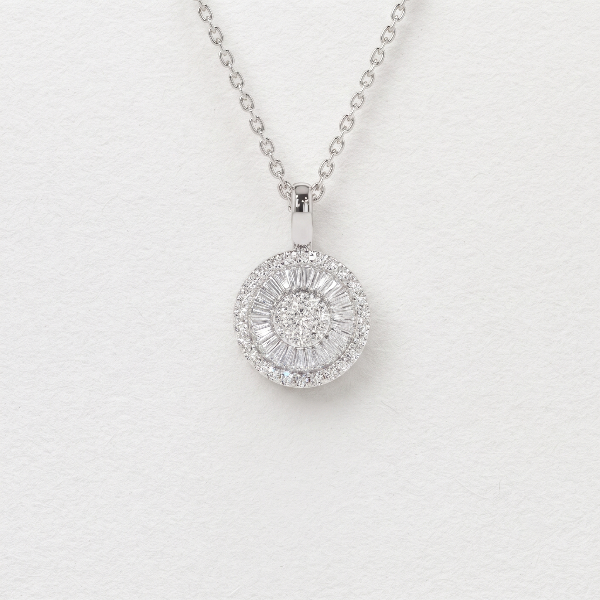 Round Baguette Halo Diamond Pendant Necklace