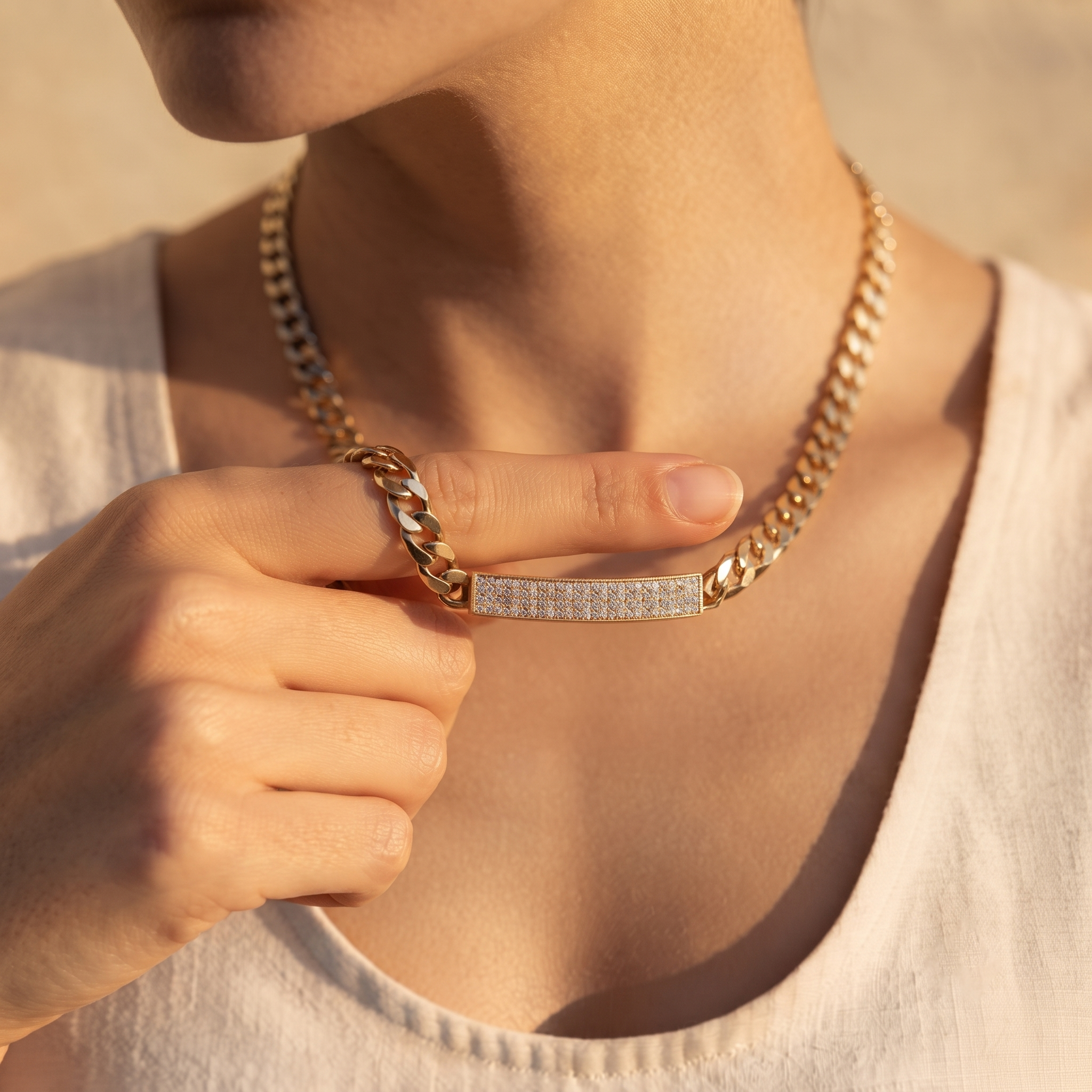 Pavé Diamond Bar Curb Chain Necklace