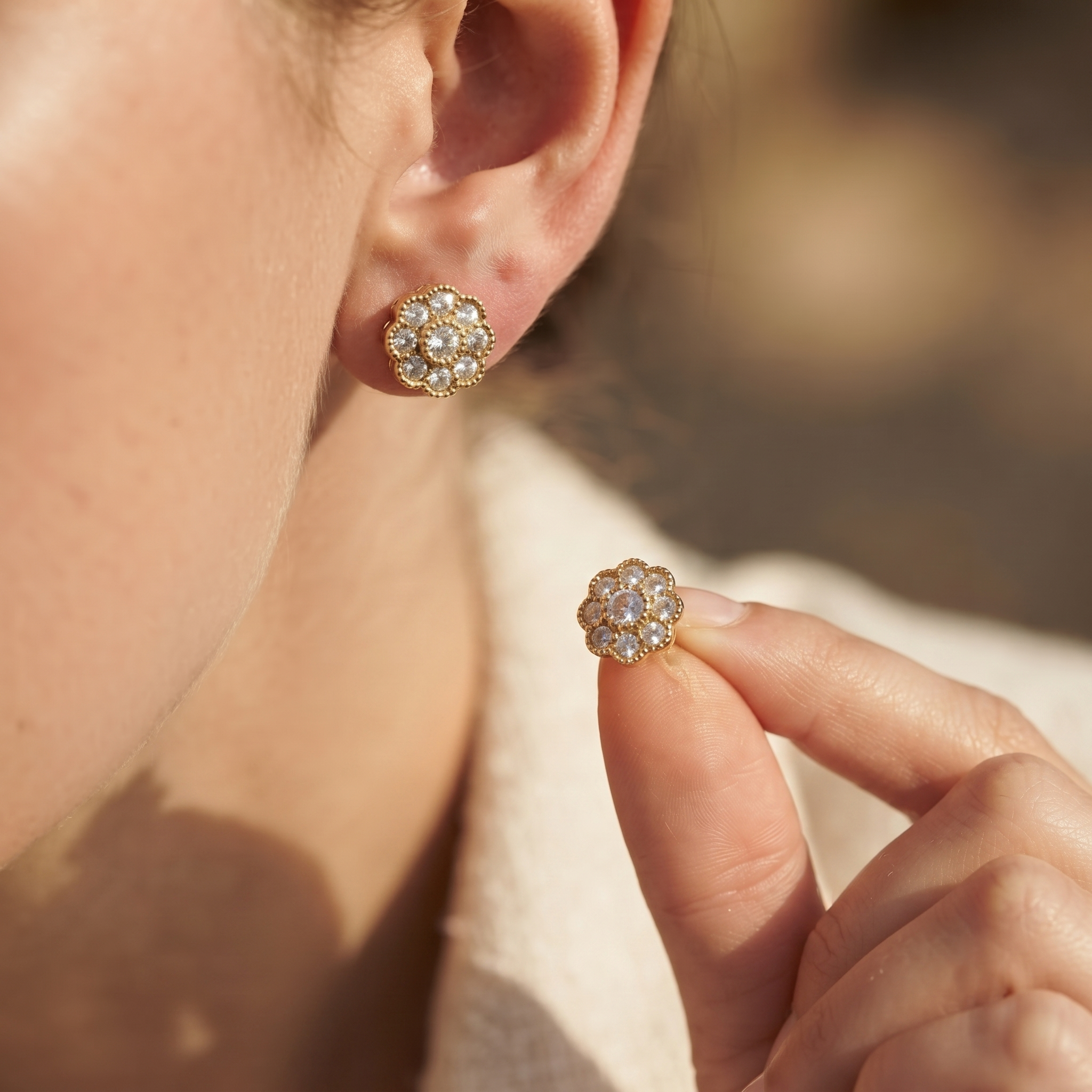 Vintage Floral Round Diamond Stud Earrings