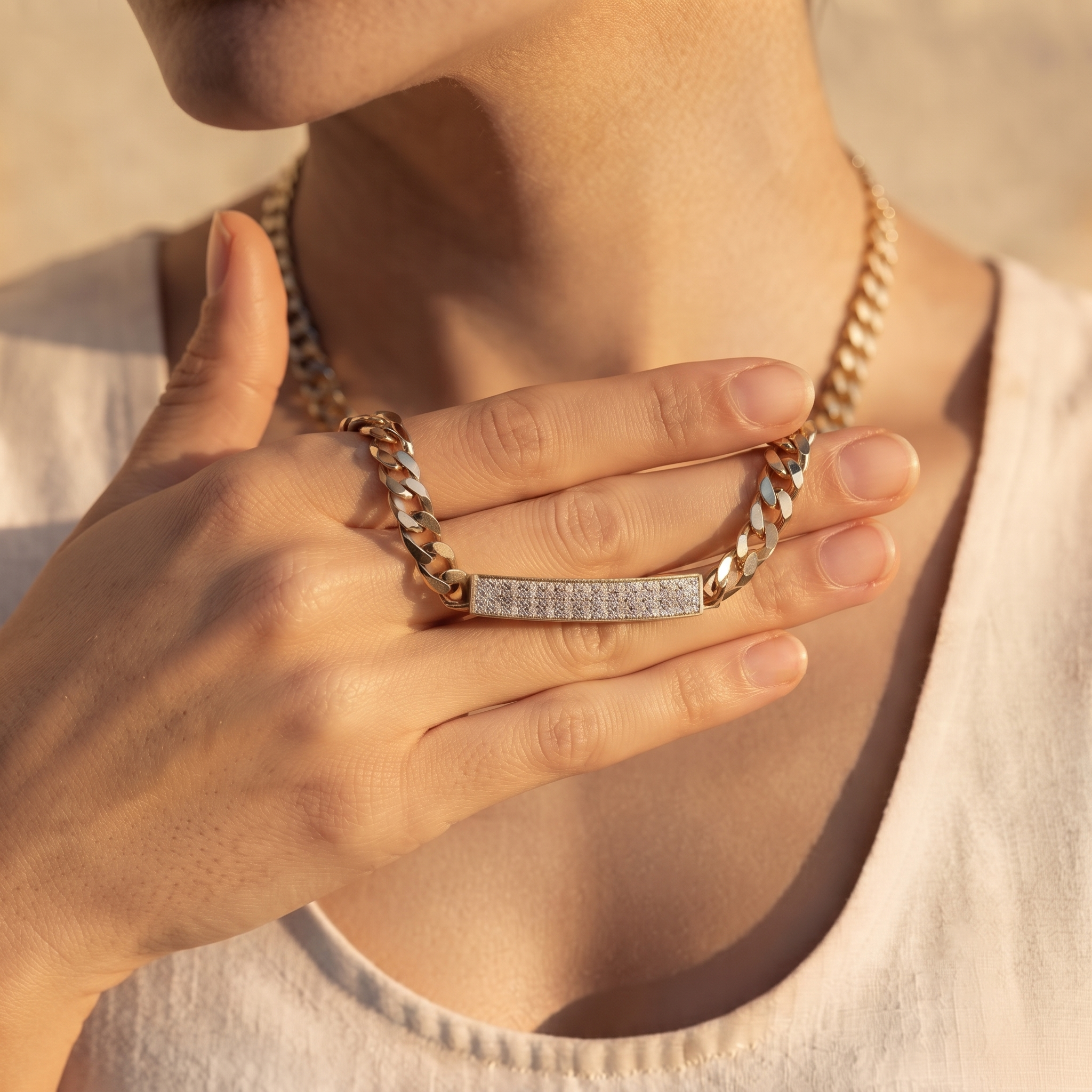 Pavé Diamond Bar Curb Chain Necklace