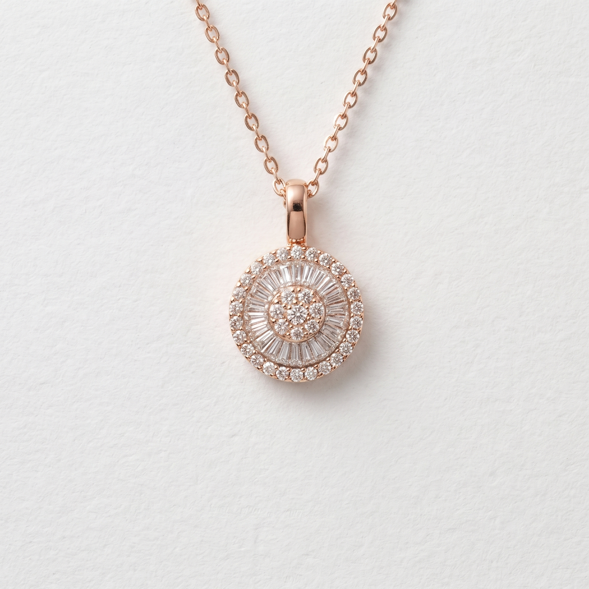 Round Baguette Halo Diamond Pendant Necklace