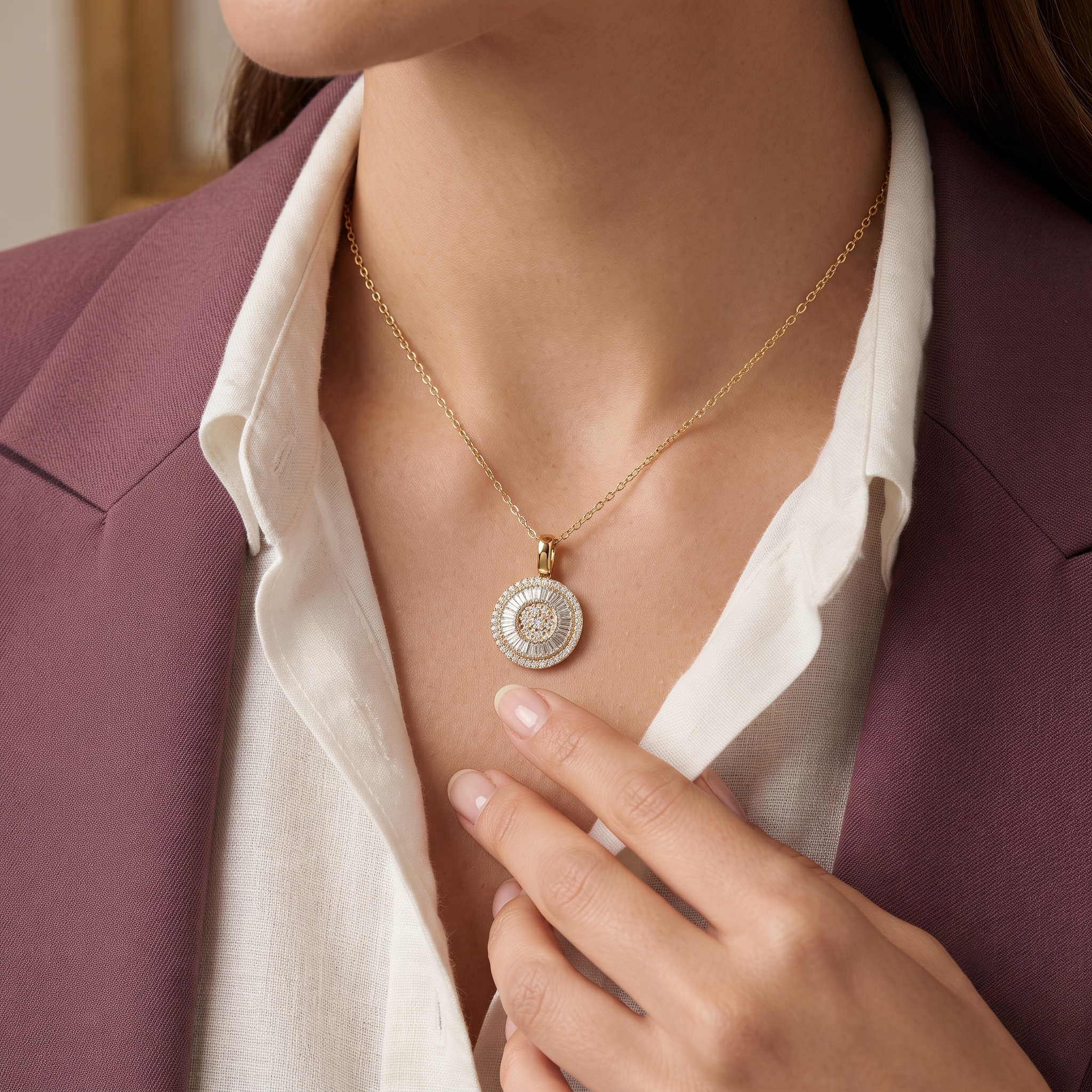 Round Baguette Halo Diamond Pendant Necklace