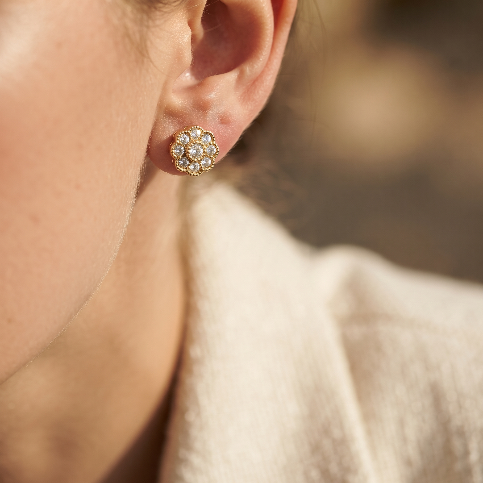 Vintage Floral Round Diamond Stud Earrings
