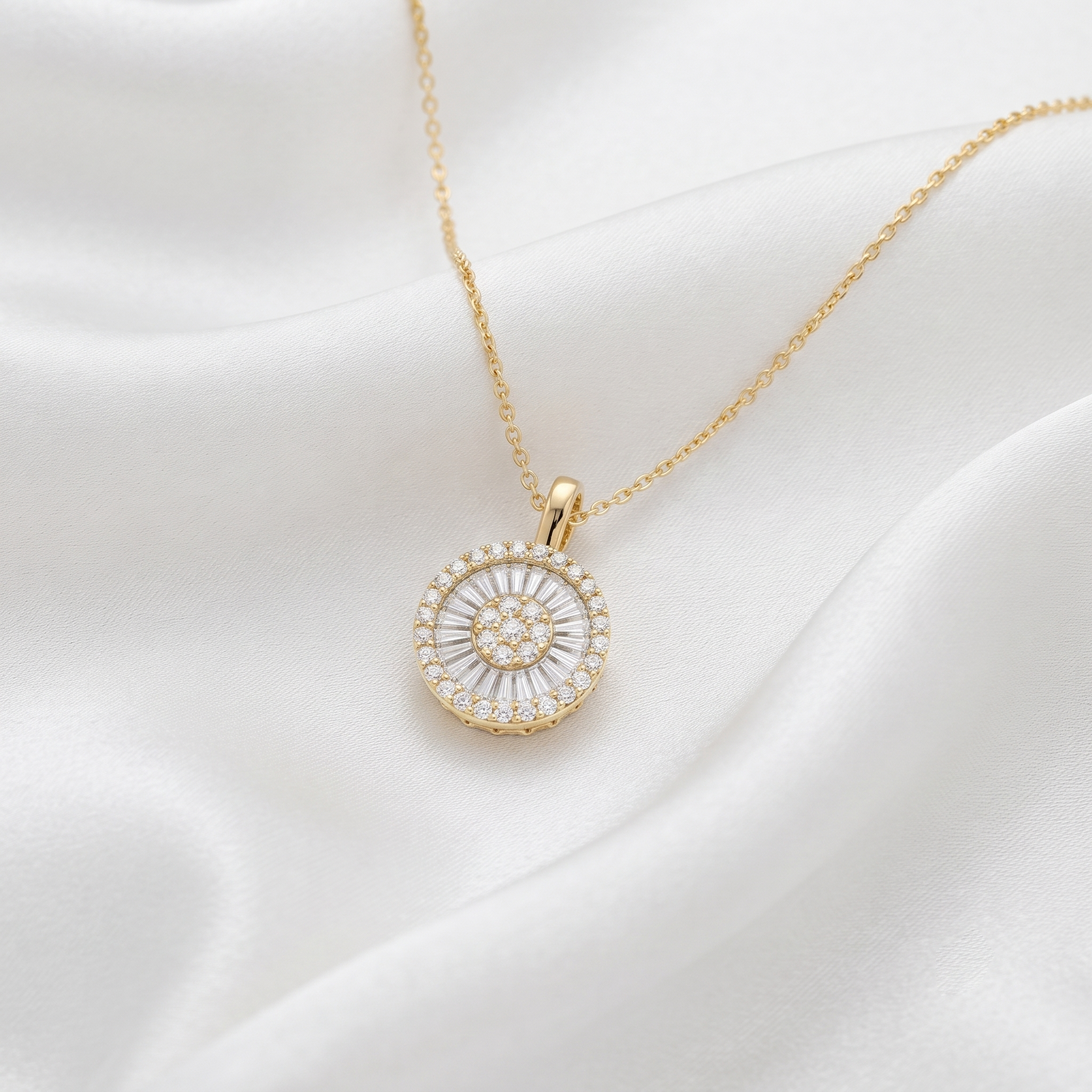 Round Baguette Halo Diamond Pendant Necklace