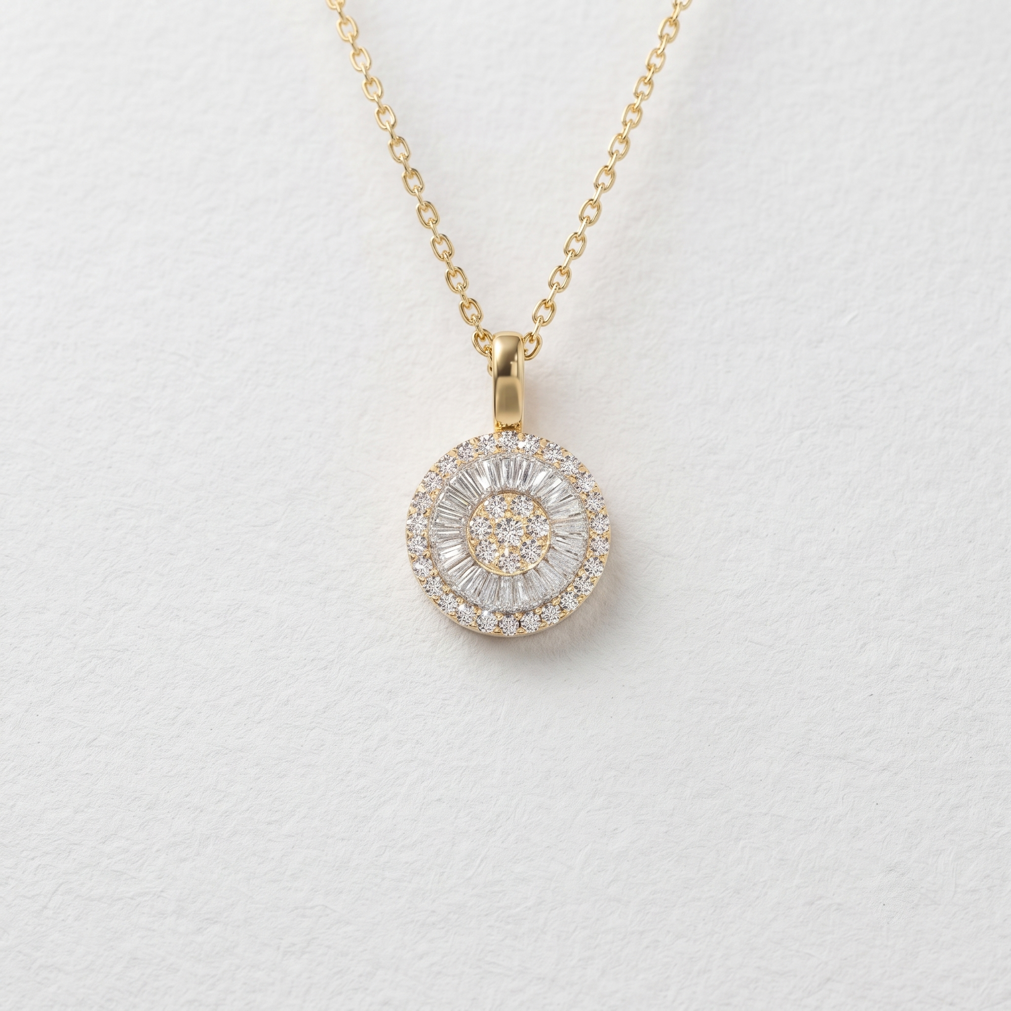 Round Baguette Halo Diamond Pendant Necklace