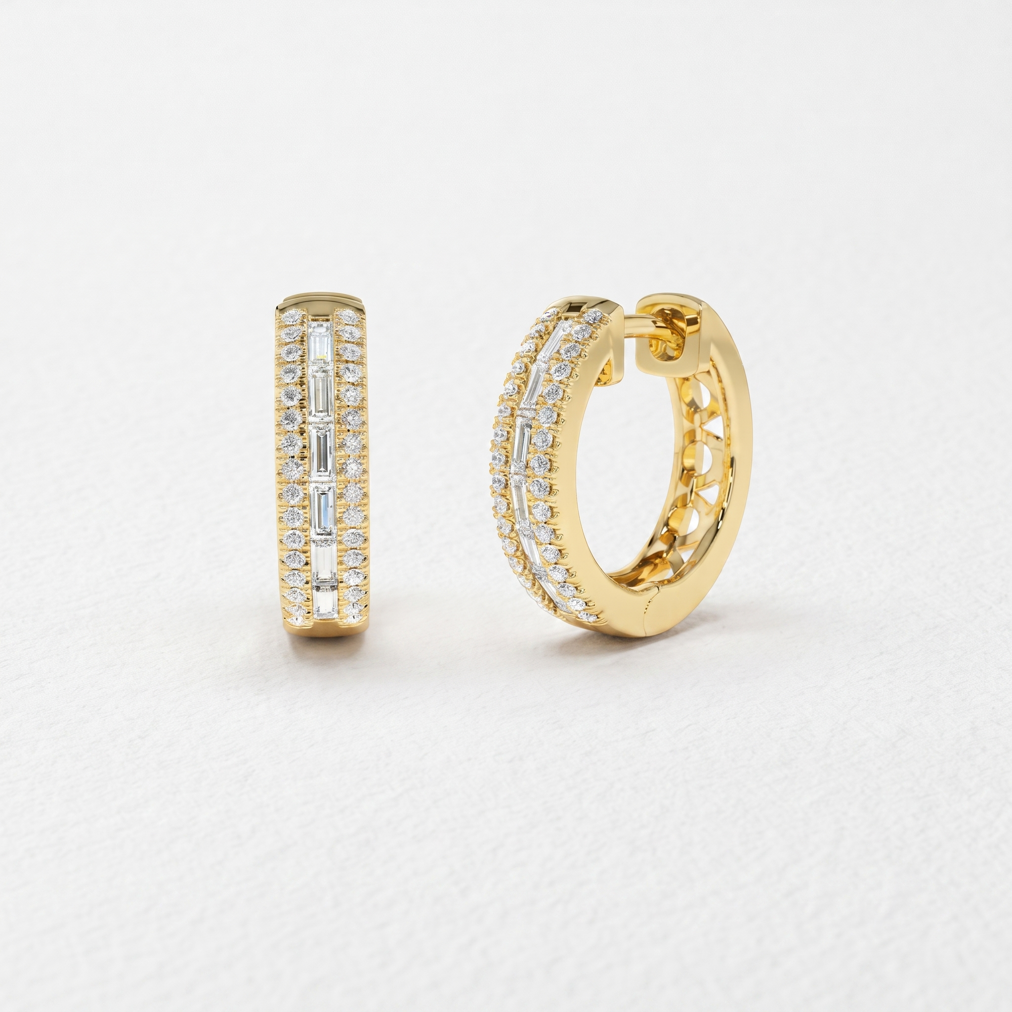 Double Frame Baguette Diamond Hoop Earrings
