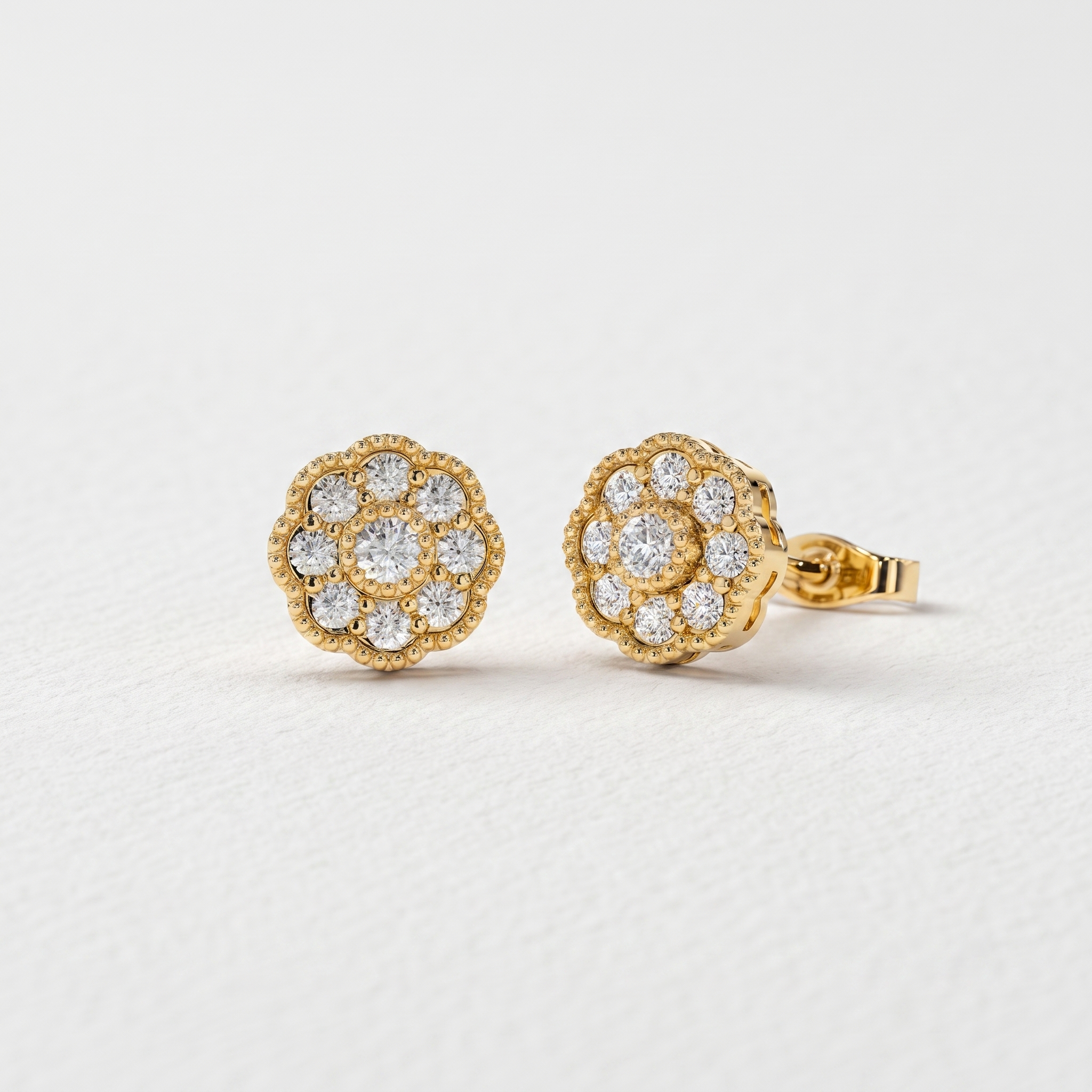 Vintage Floral Round Diamond Stud Earrings