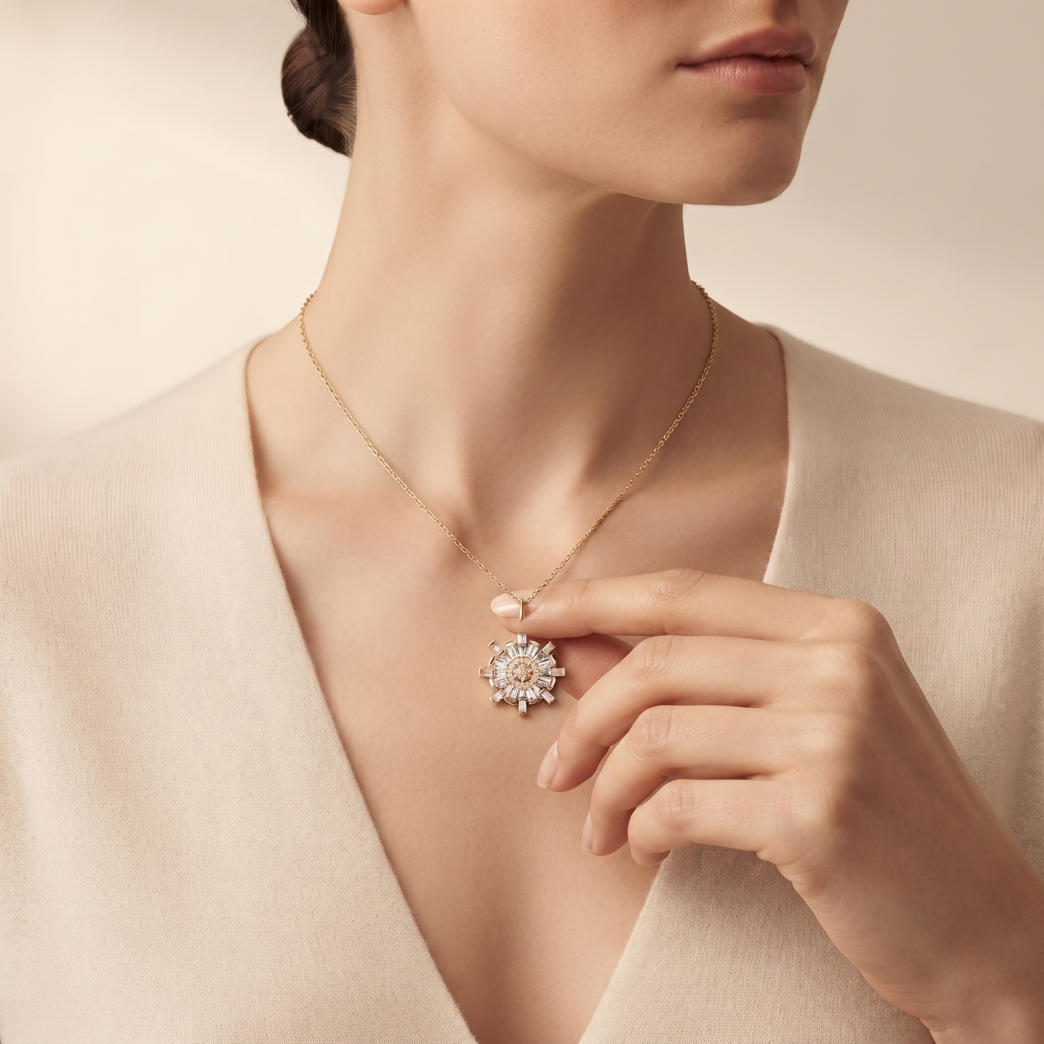 Sunburst Baguette Diamond Pendant Necklace