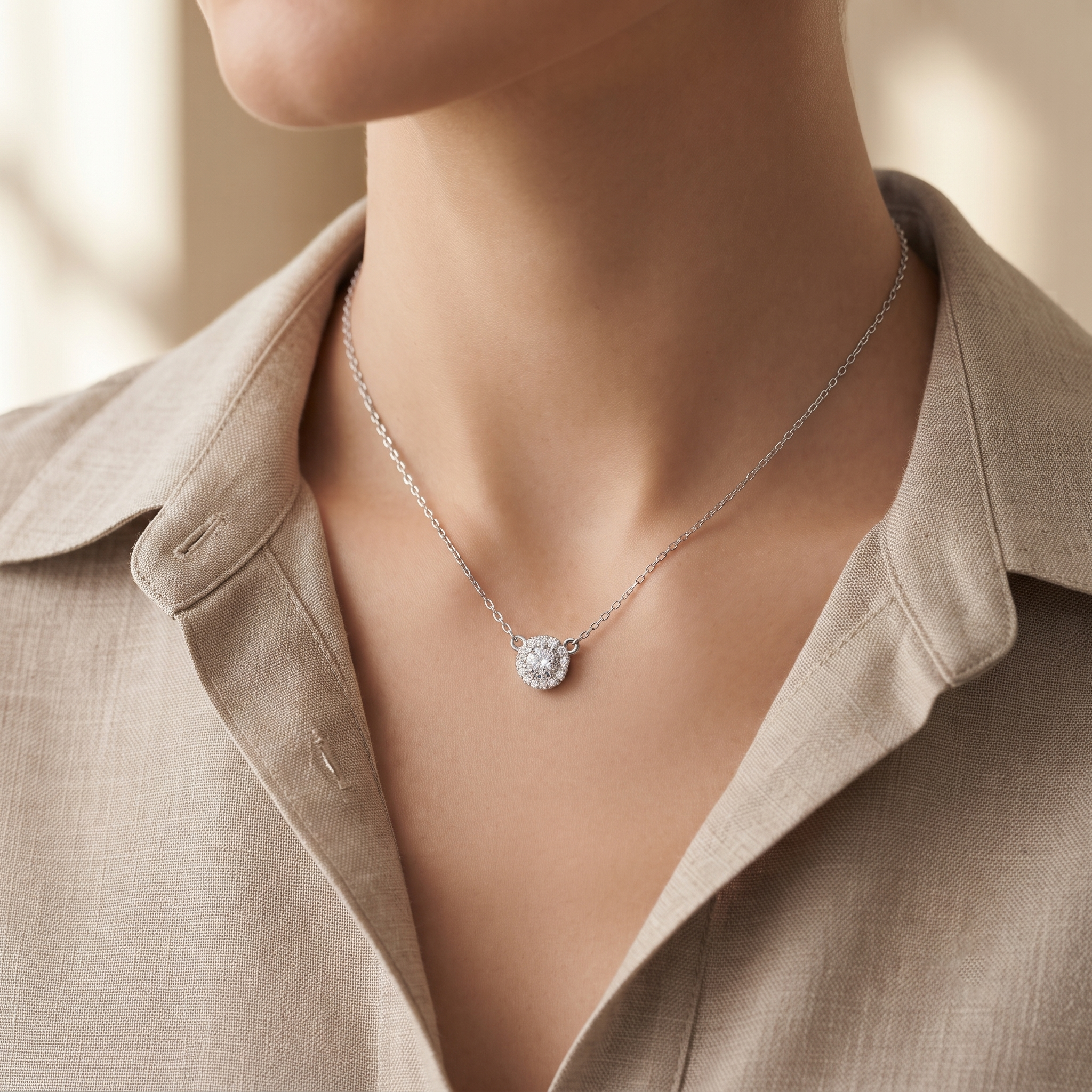 Round Floral Halo Diamond Pendant Necklace