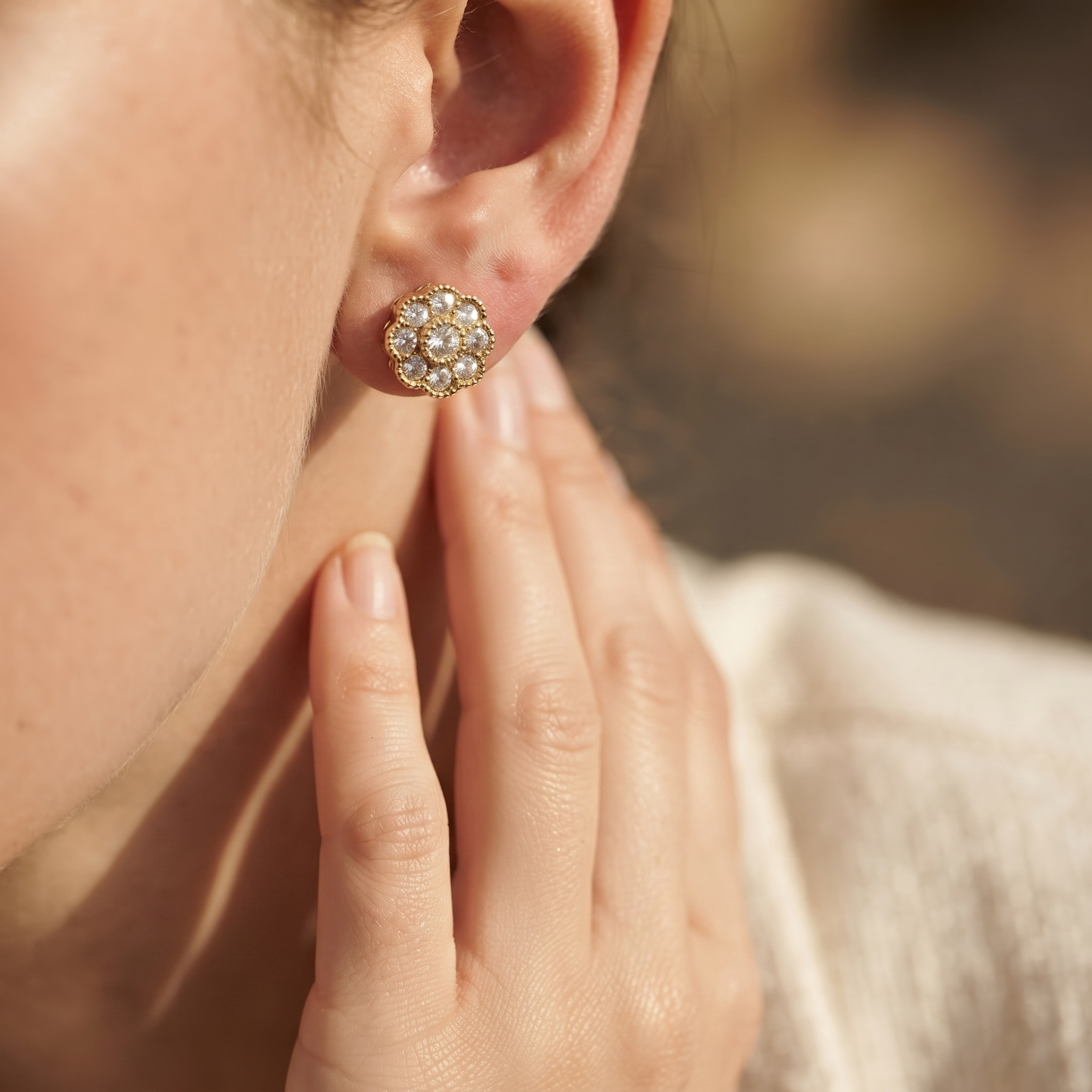 Vintage Floral Round Diamond Stud Earrings