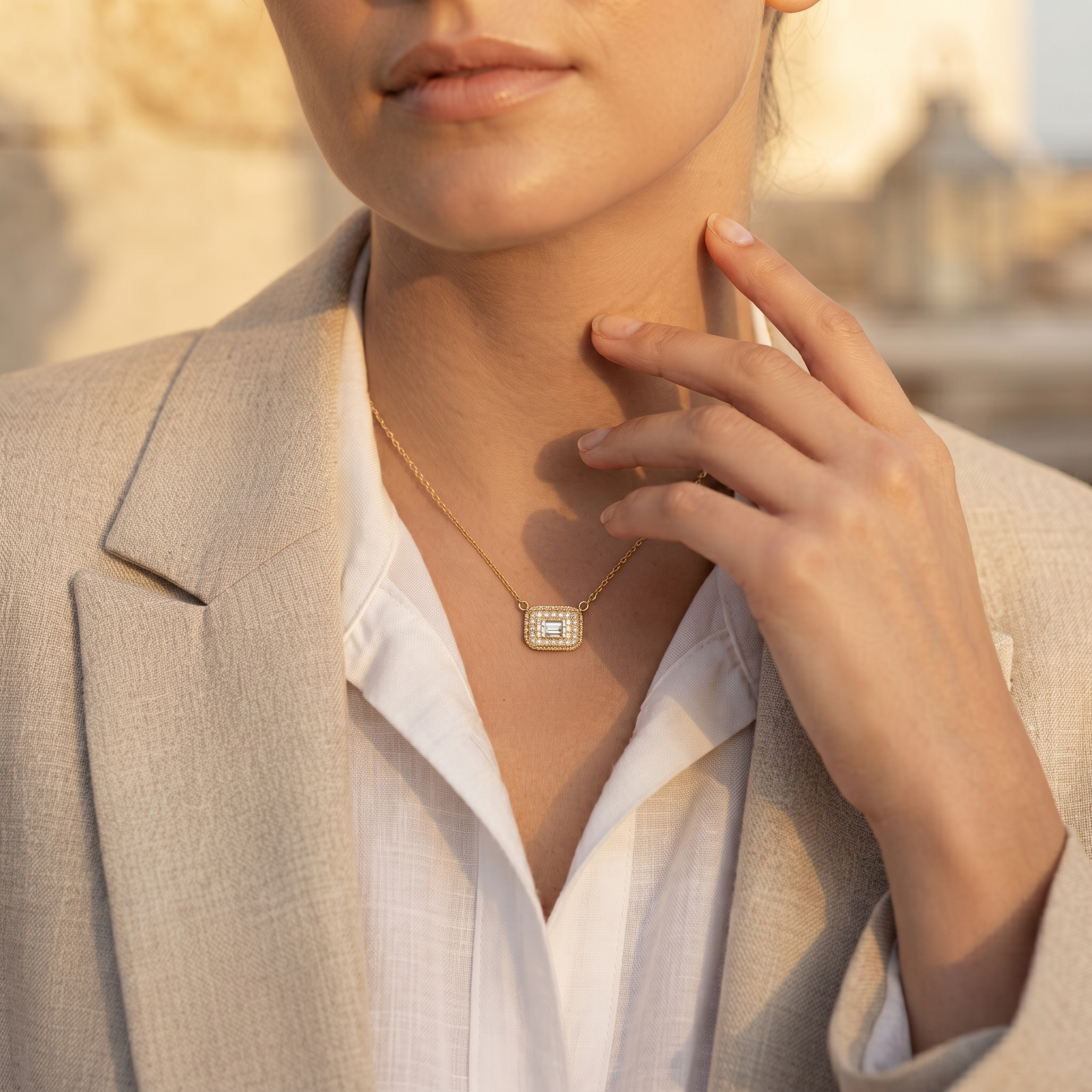 Rectangular Baguette Diamond Halo Pendant