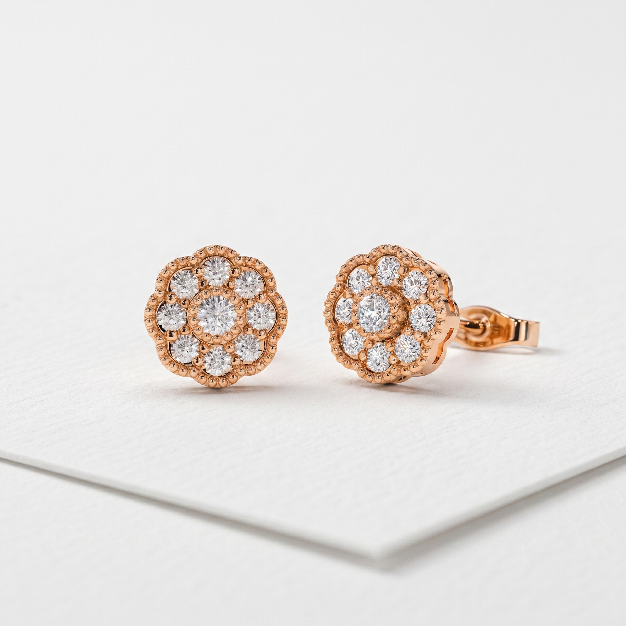 Vintage Floral Round Diamond Stud Earrings