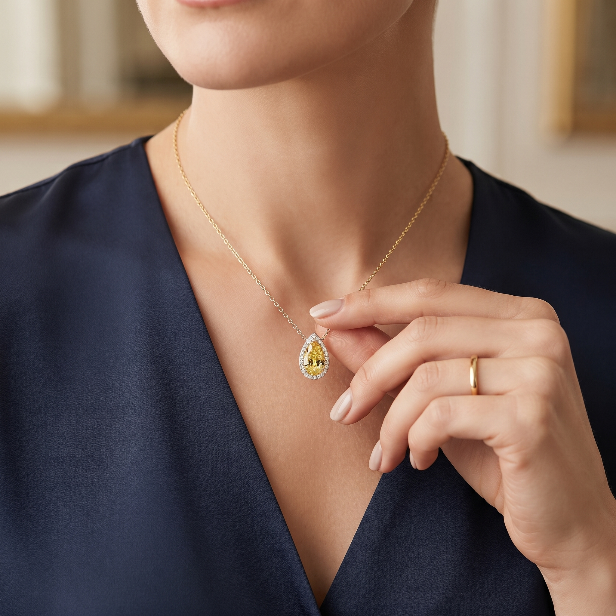 Yellow Pear Halo Diamond Pendant Necklace