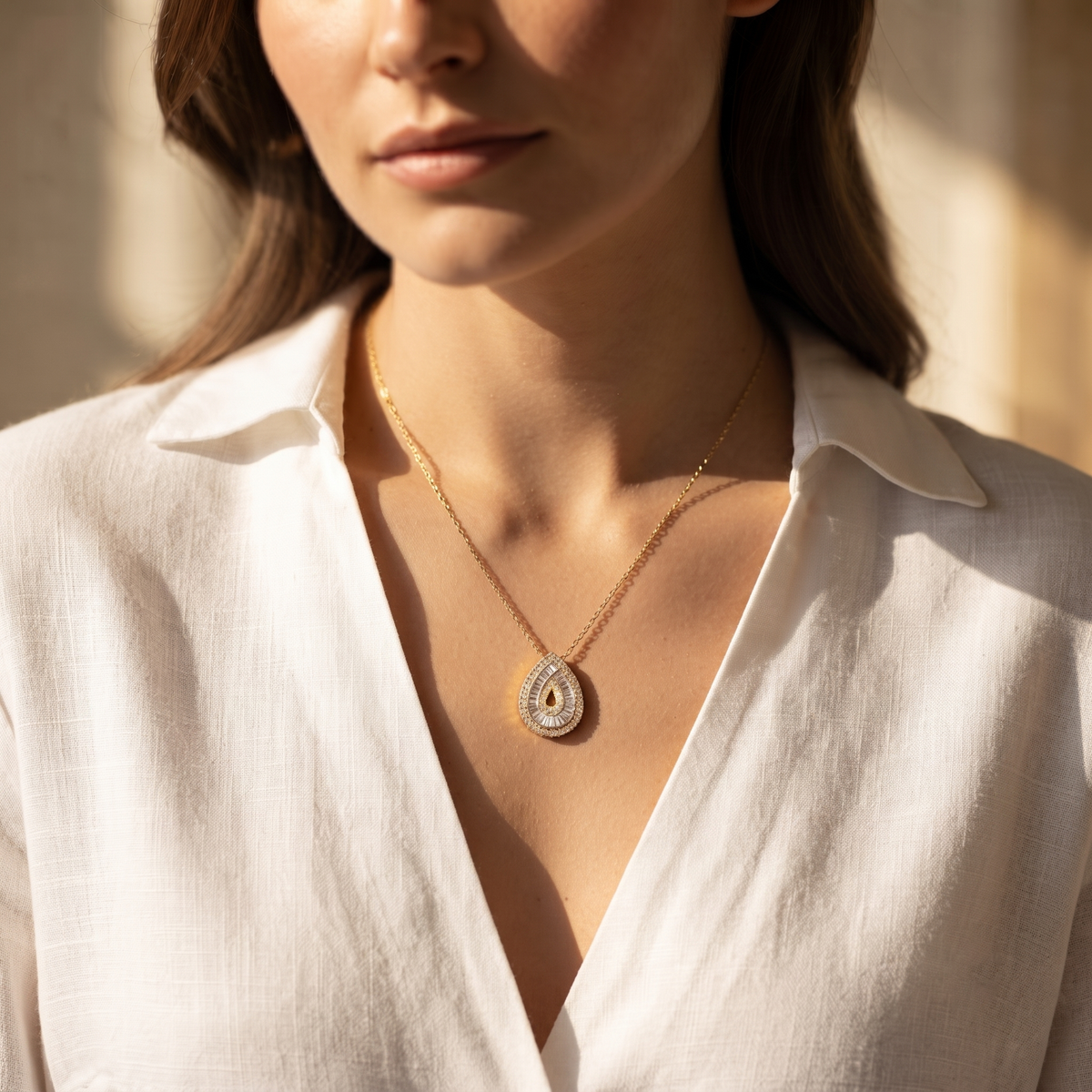 Pear Shape Baguette Halo Diamond Pendant