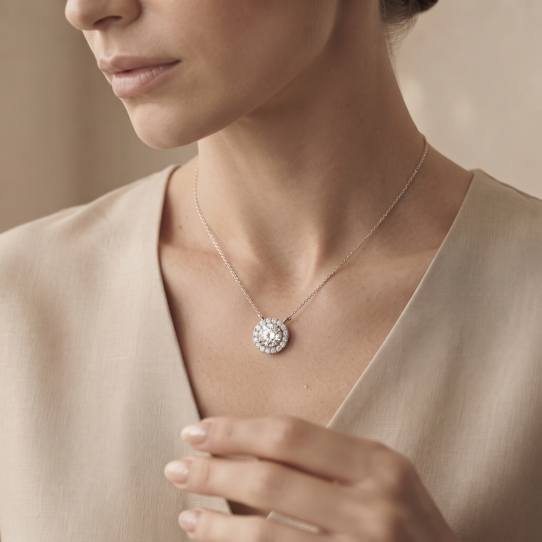 Round Floral Halo Diamond Pendant Necklace