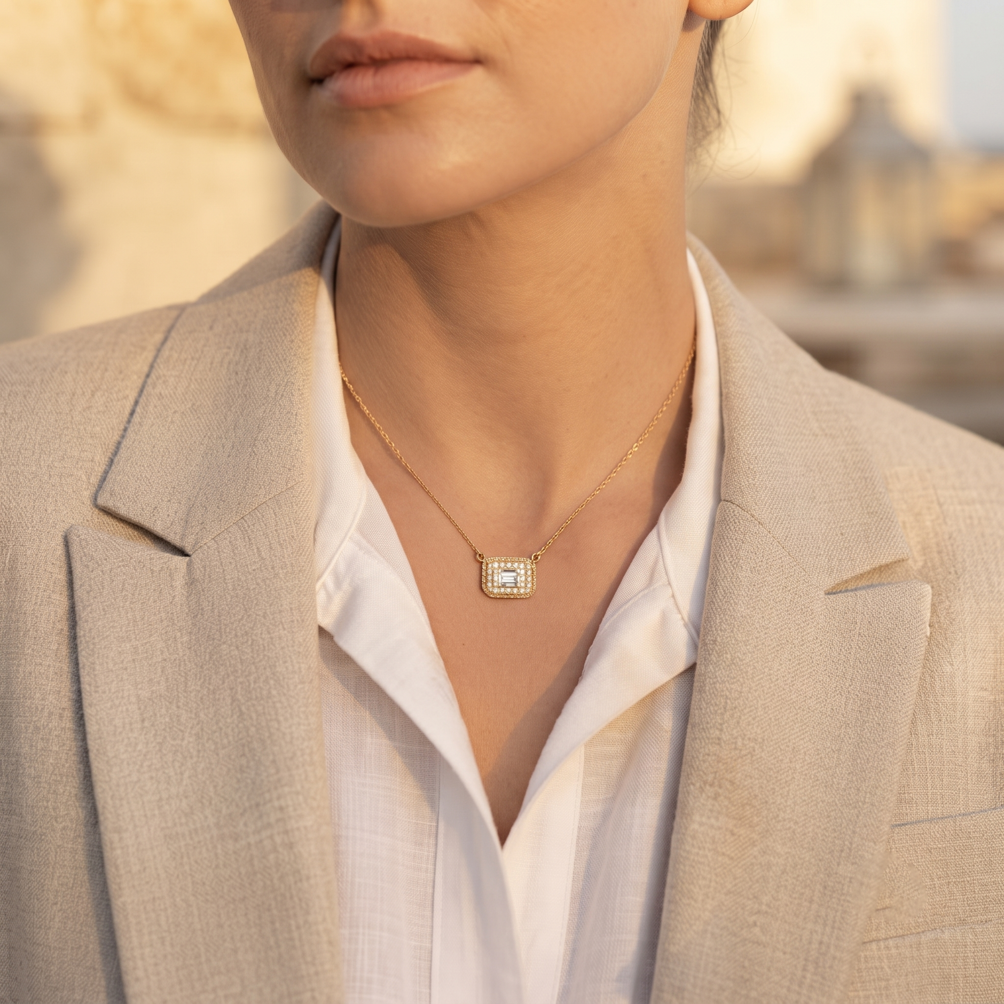 Rectangular Baguette Diamond Halo Pendant