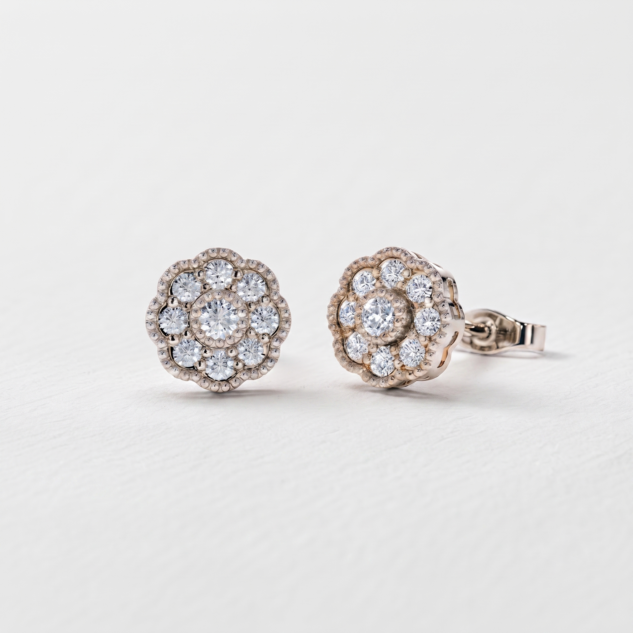 Vintage Floral Round Diamond Stud Earrings