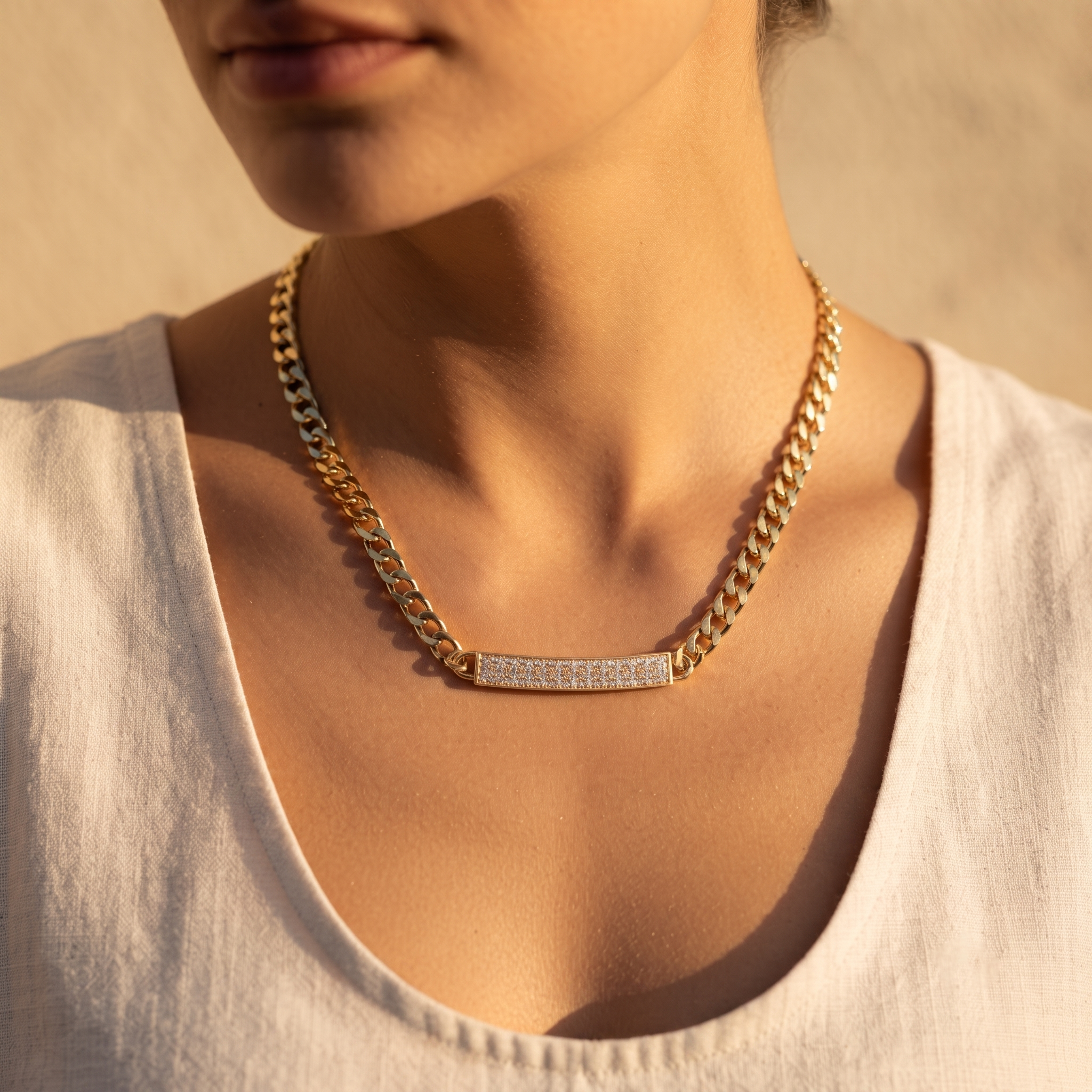 Pavé Diamond Bar Curb Chain Necklace