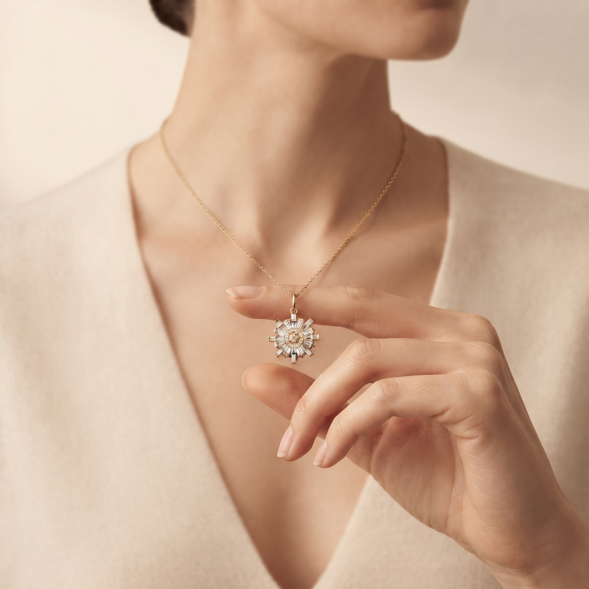 Sunburst Baguette Diamond Pendant Necklace