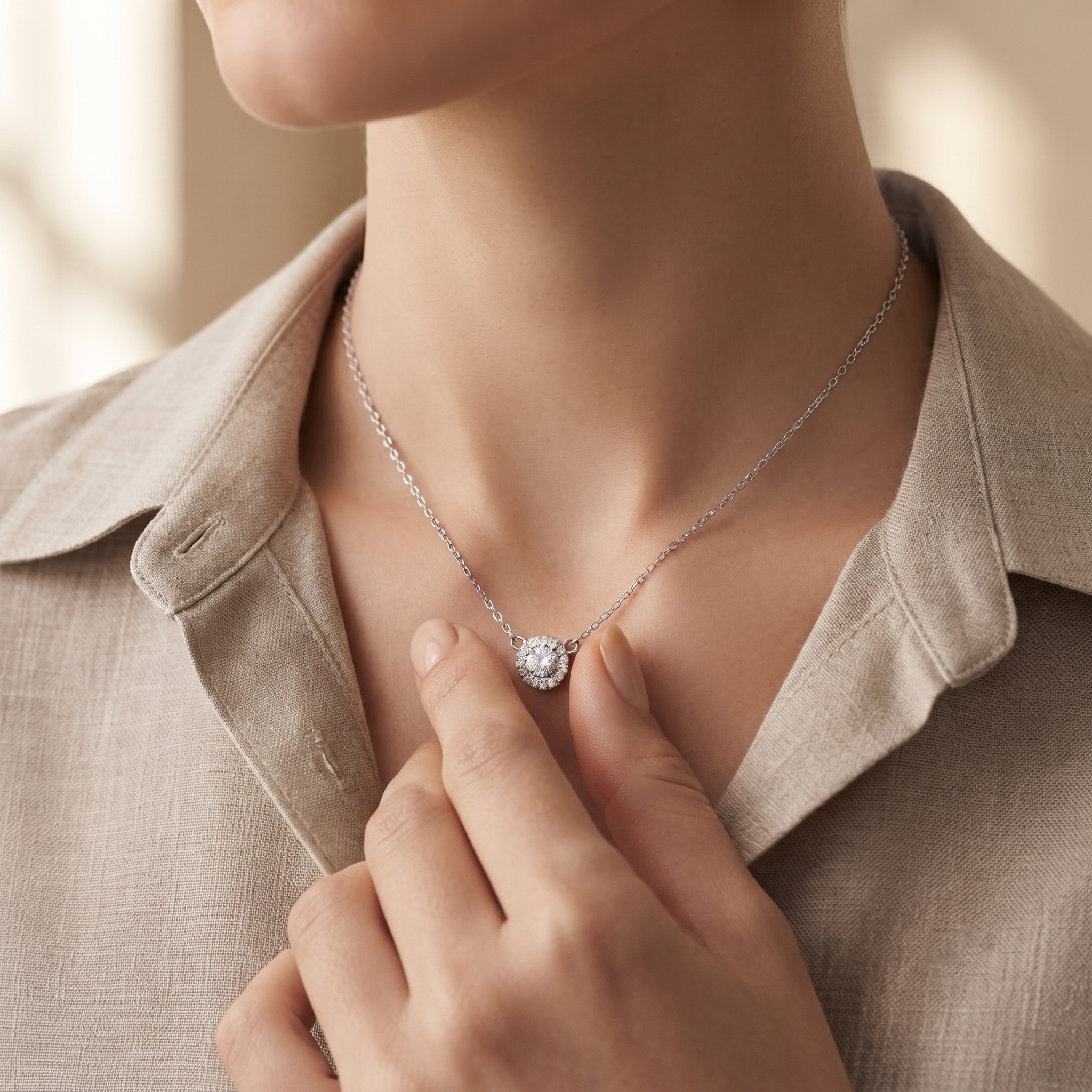 Round Floral Halo Diamond Pendant Necklace