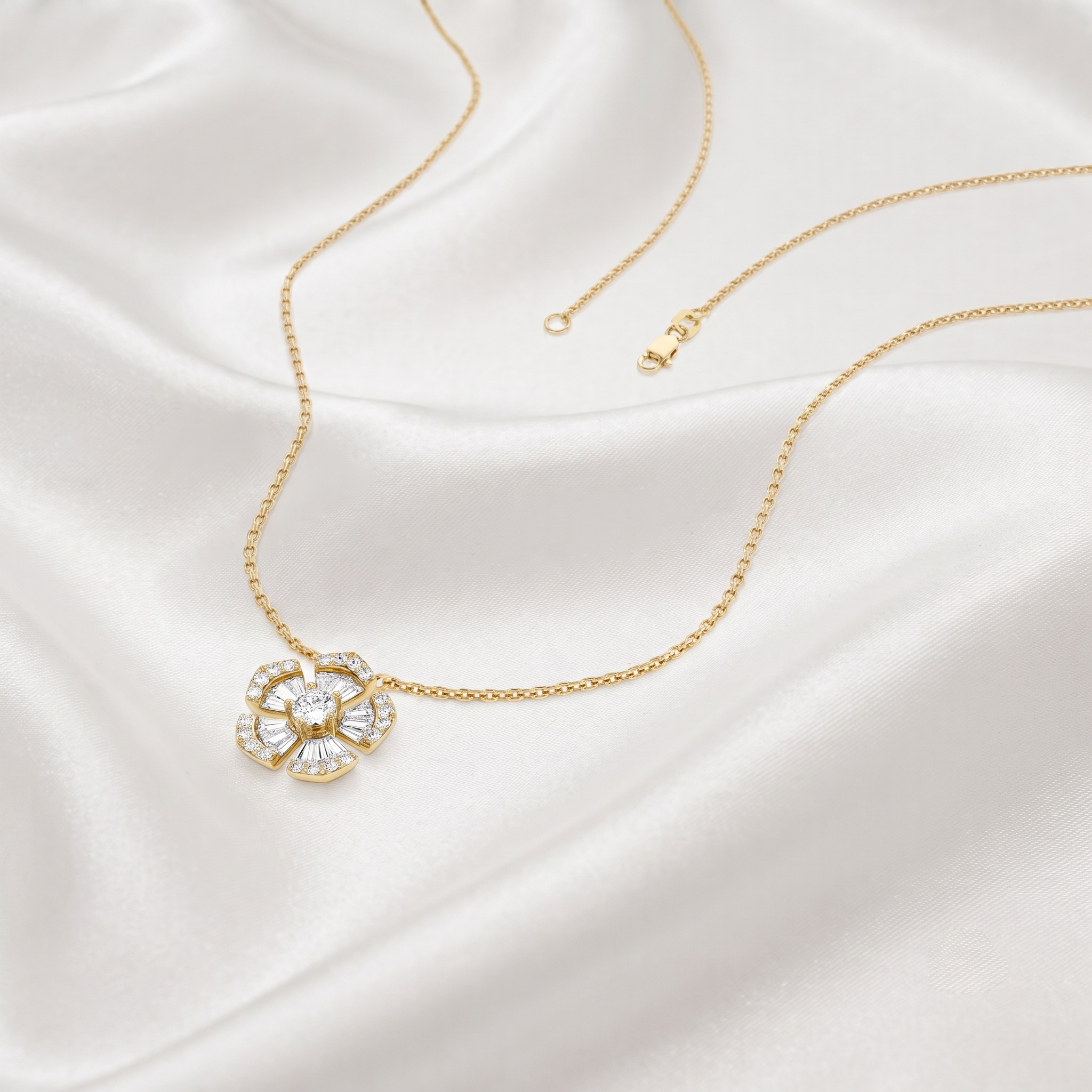 Floral Baguette Diamond Pendant Necklace