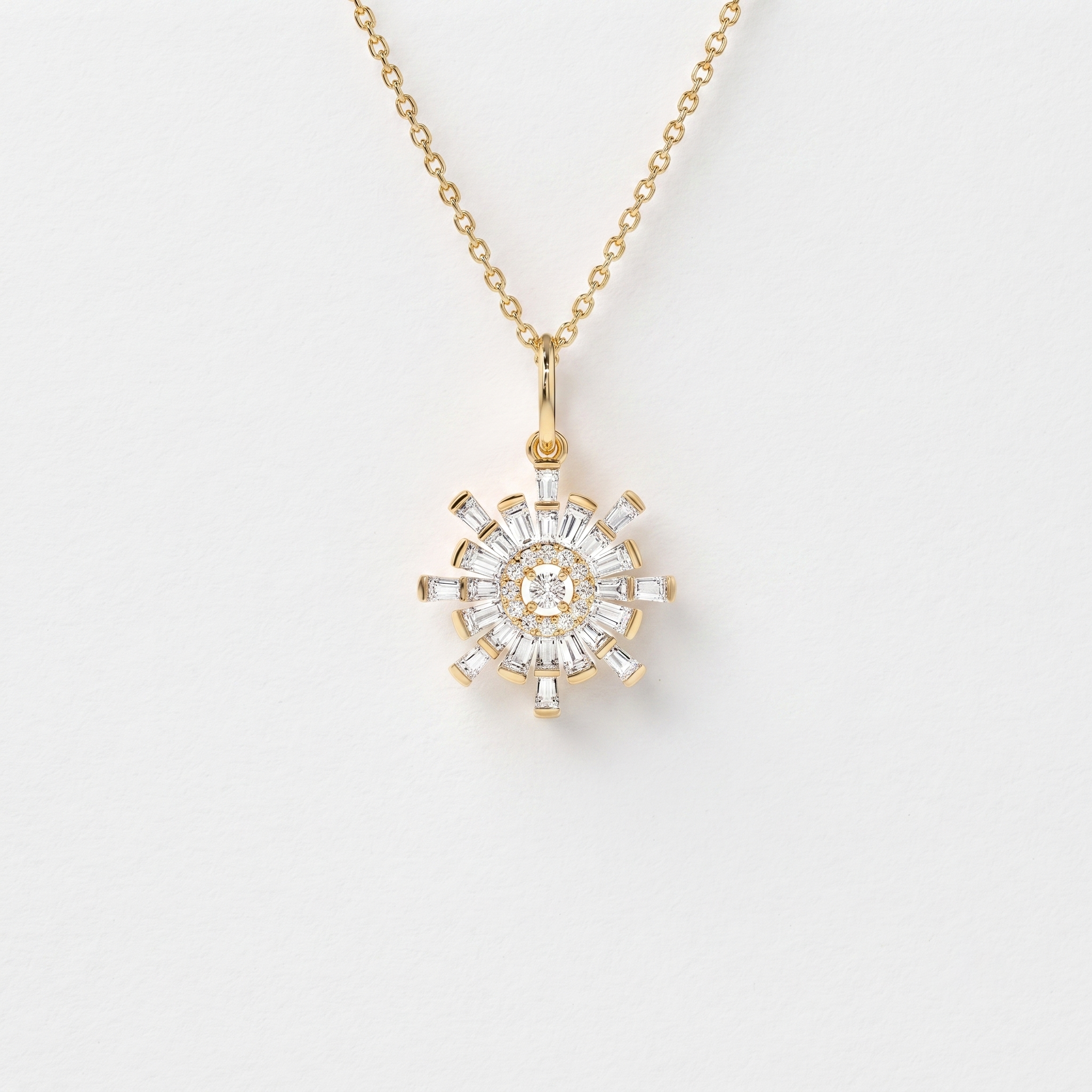 Sunburst Baguette Diamond Pendant Necklace