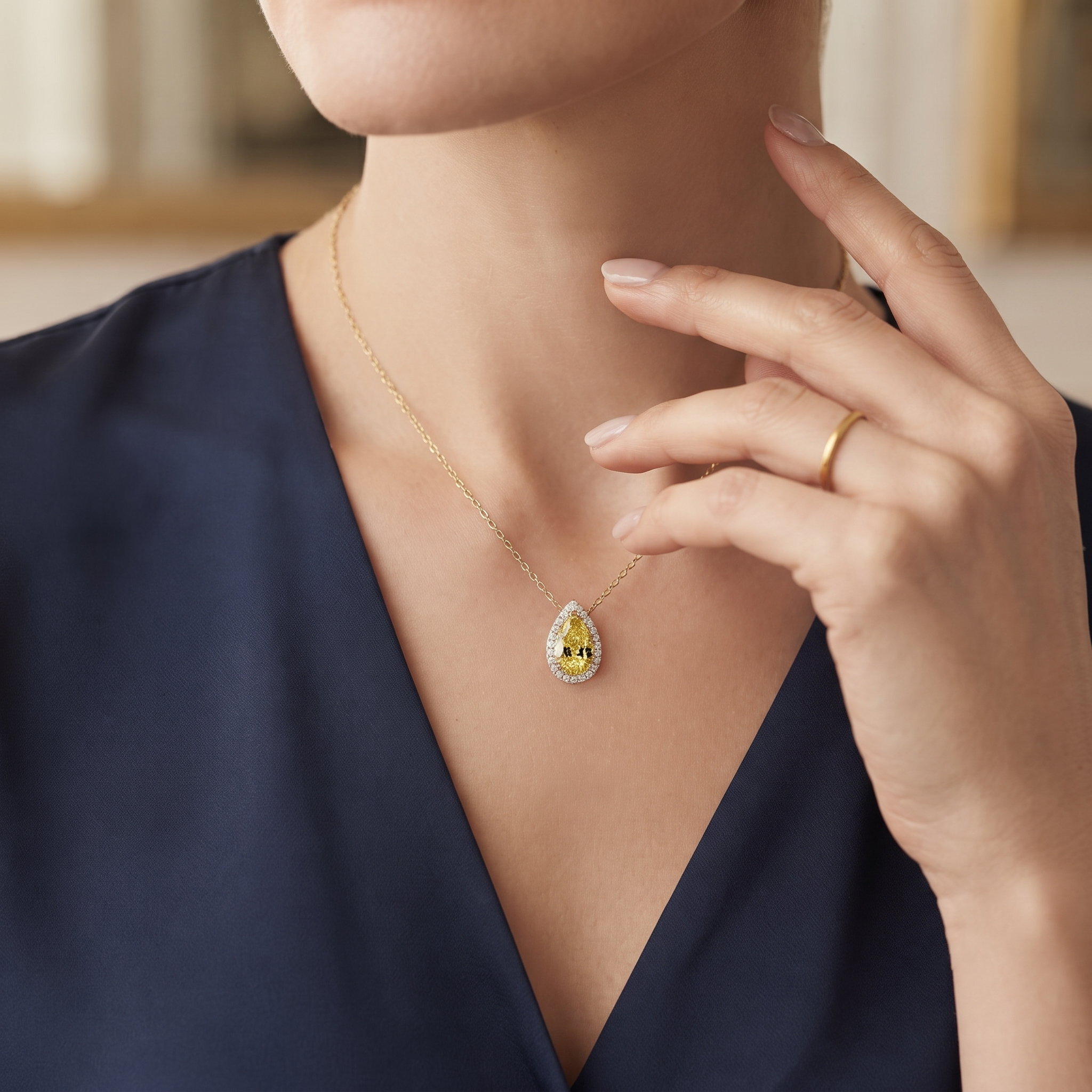 Yellow Pear Halo Diamond Pendant Necklace