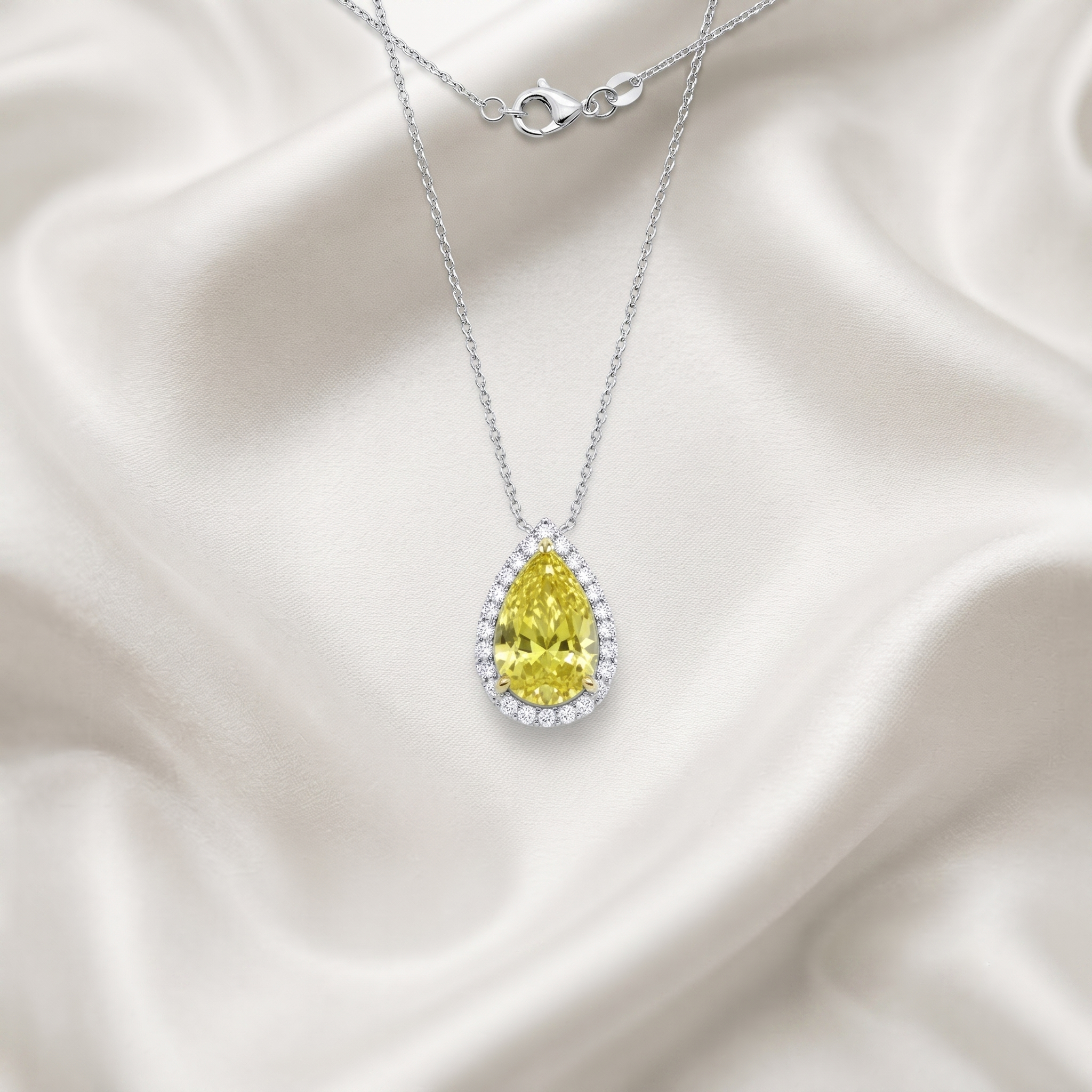 Yellow Pear Halo Diamond Pendant Necklace