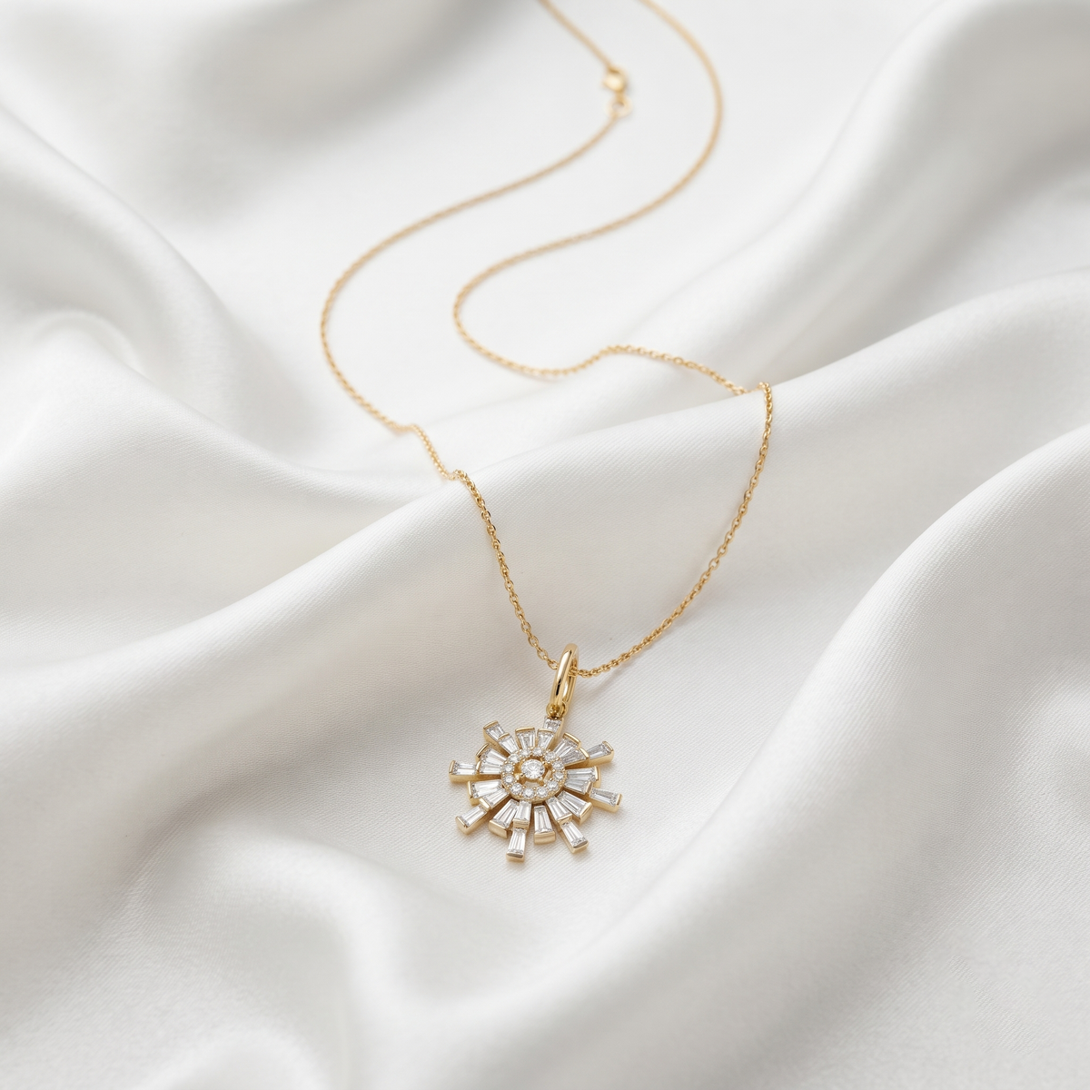 Sunburst Baguette Diamond Pendant Necklace