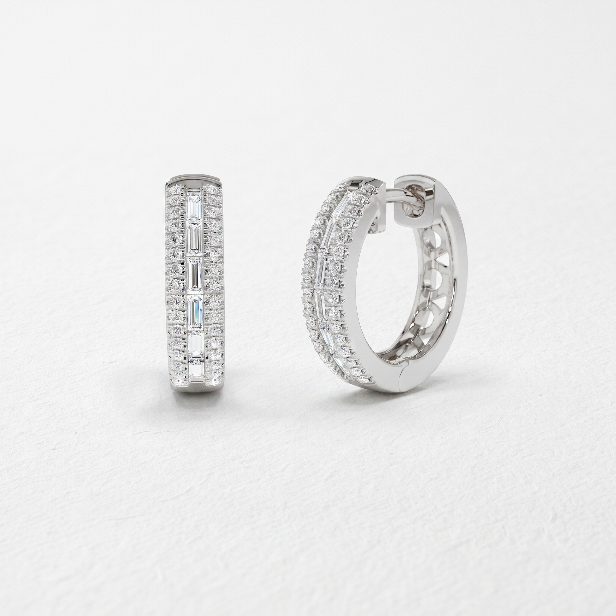 Double Frame Baguette Diamond Hoop Earrings