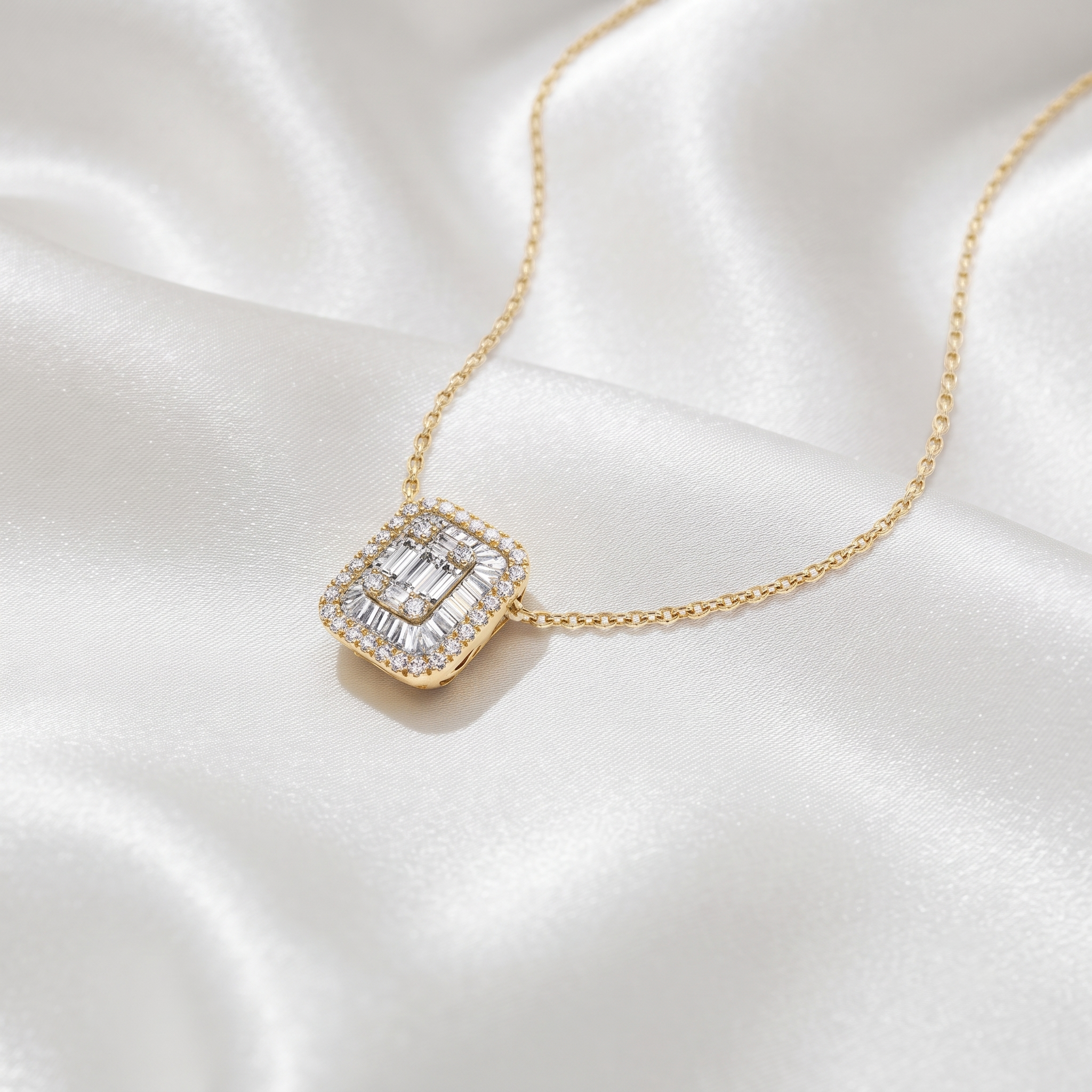 Cushion Frame Baguette Diamond Pendant