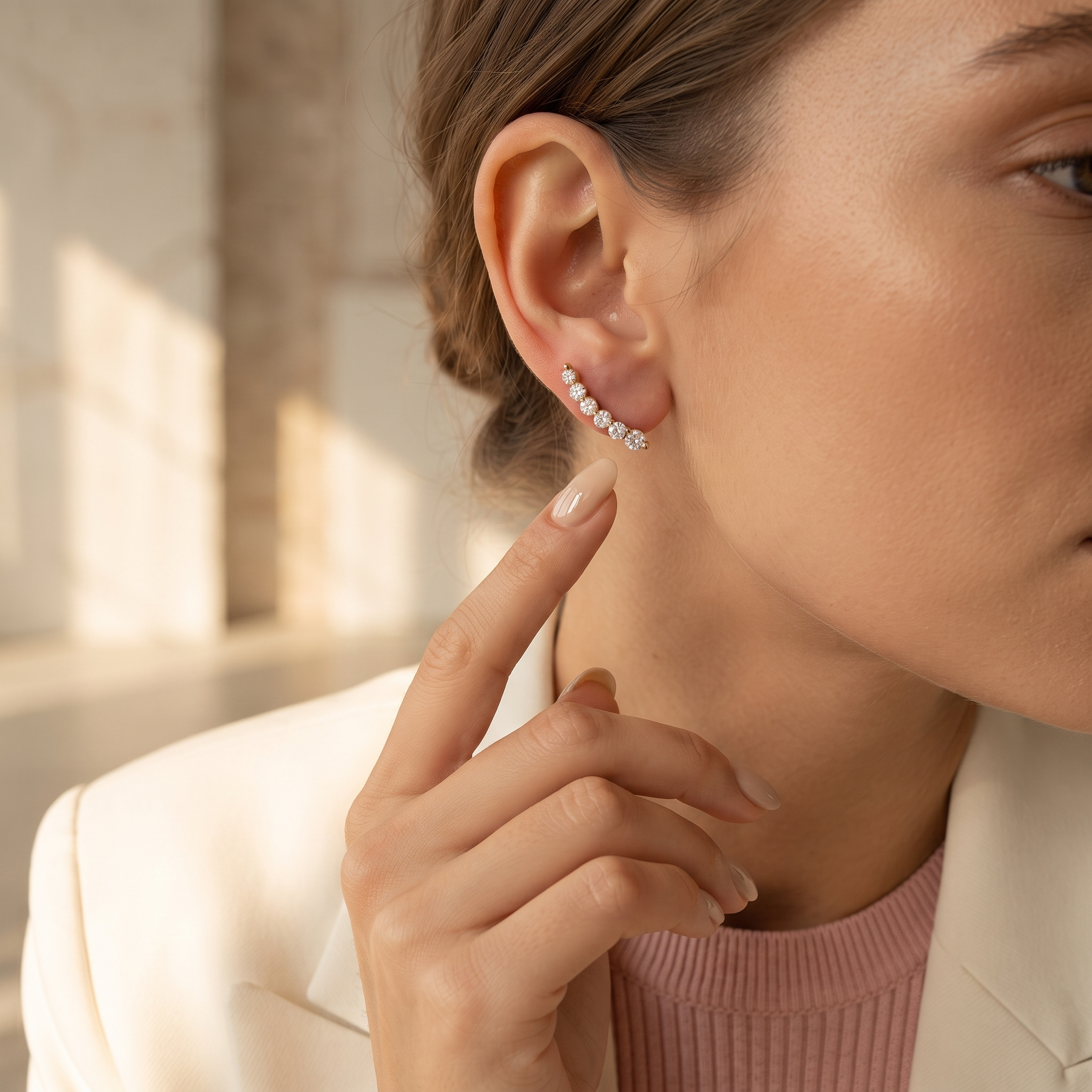 Curved Diamond Ear Climber Earrings