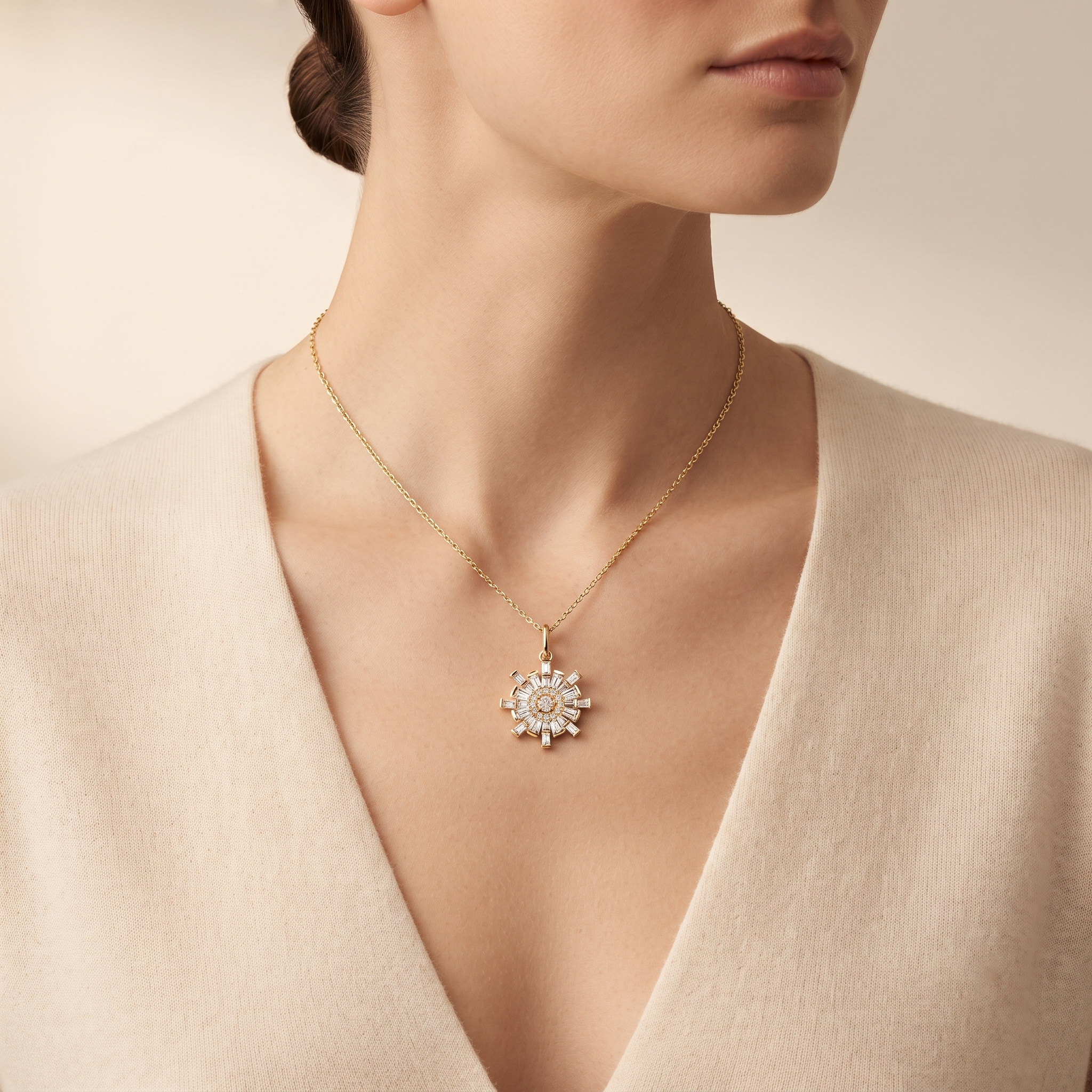 Sunburst Baguette Diamond Pendant Necklace