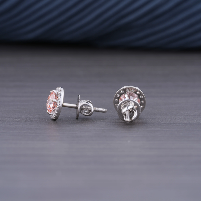 1.36 CT Lab Grown Pink Diamond Halo Earrings | 14K White Gold | VS1 Clarity F Color Round Brilliant Cluster Earrings