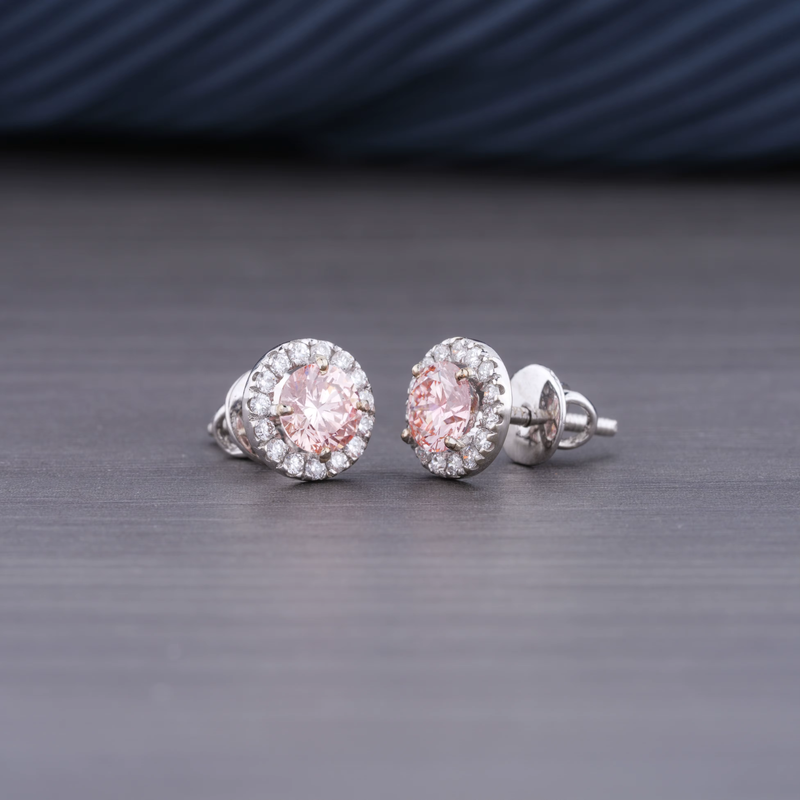 1.36 CT Lab Grown Pink Diamond Halo Earrings | 14K White Gold | VS1 Clarity F Color Round Brilliant Cluster Earrings