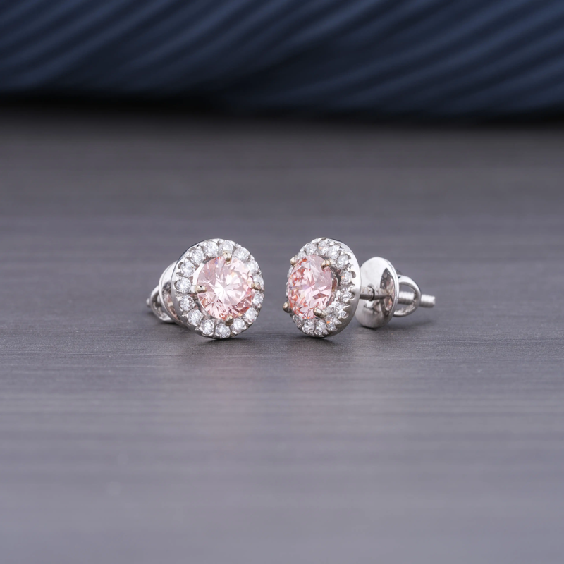 1.36 CT Lab Grown Pink Diamond Halo Earrings | 14K White Gold | VS1 Clarity F Color Round Brilliant Cluster Earrings