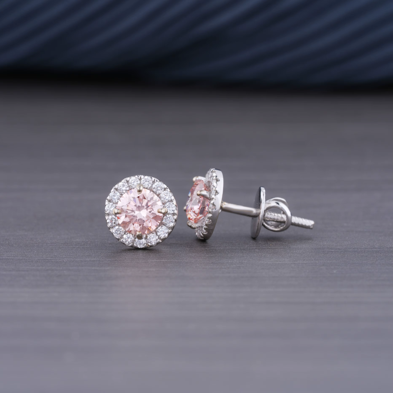 1.36 CT Lab Grown Pink Diamond Halo Earrings | 14K White Gold | VS1 Clarity F Color Round Brilliant Cluster Earrings