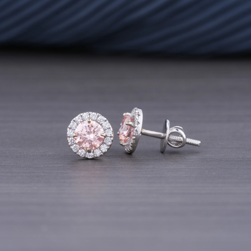 1.36 CT Lab Grown Pink Diamond Halo Earrings | 14K White Gold | VS1 Clarity F Color Round Brilliant Cluster Earrings