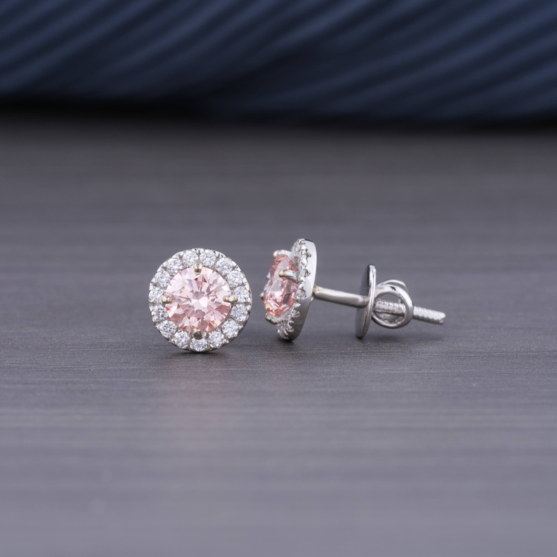 1.36 CT Lab Grown Pink Diamond Halo Earrings | 14K White Gold | VS1 Clarity F Color Round Brilliant Cluster Earrings