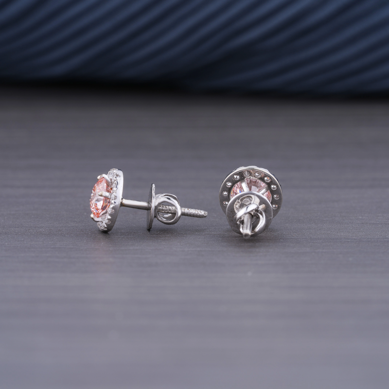 1.36 CT Lab Grown Pink Diamond Halo Earrings | 14K White Gold | VS1 Clarity F Color Round Brilliant Cluster Earrings