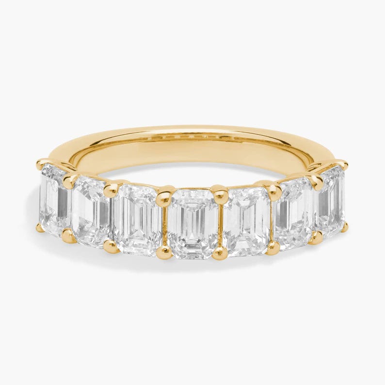 Emerald Cut Diamond Half Eternity Band | 14K Yellow Gold Shared Prong Wedding Ring | Anniversary & Stacking Band