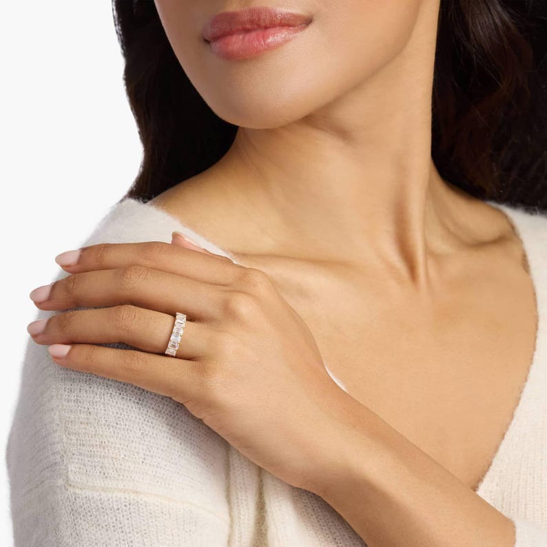 Emerald Cut Diamond Half Eternity Band | 14K Yellow Gold Shared Prong Wedding Ring | Anniversary & Stacking Band