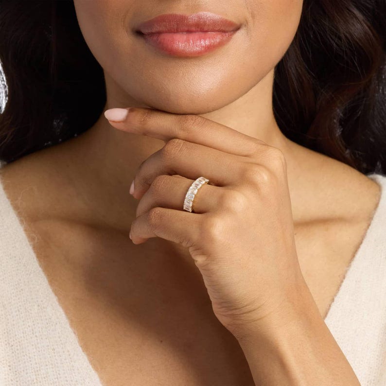 Emerald Cut Diamond Half Eternity Band | 14K Yellow Gold Shared Prong Wedding Ring | Anniversary & Stacking Band