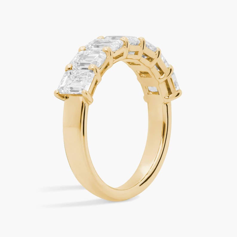 Emerald Cut Diamond Half Eternity Band | 14K Yellow Gold Shared Prong Wedding Ring | Anniversary & Stacking Band