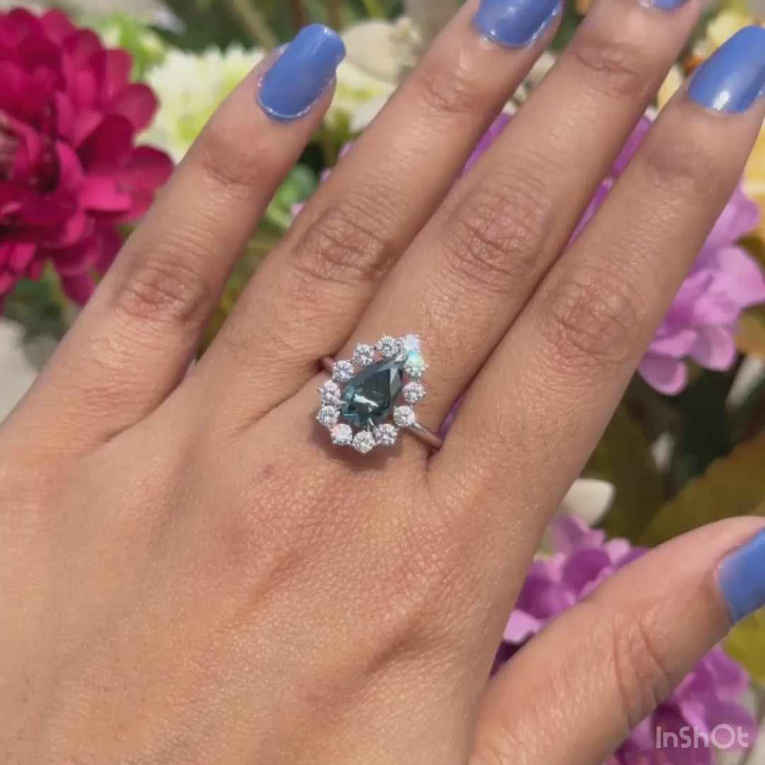 Pear Cut Blue Diamond Halo Ring • 18K White Gold With Round Diamond Halo  Engagement Ring