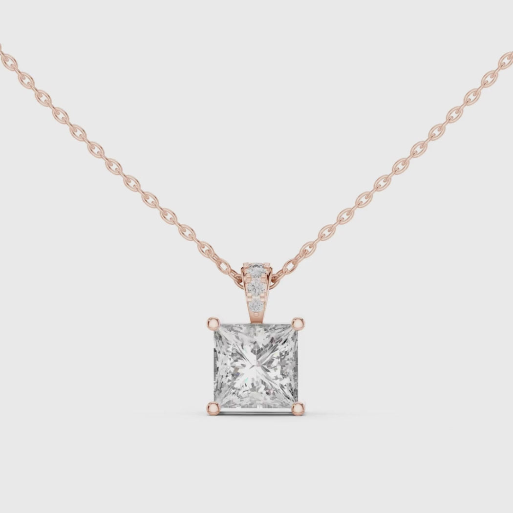 Princess Cut Diamond Pendant 1.96ct with Round Accents |  White Yellow Rose Gold Fine Jewelry Gift