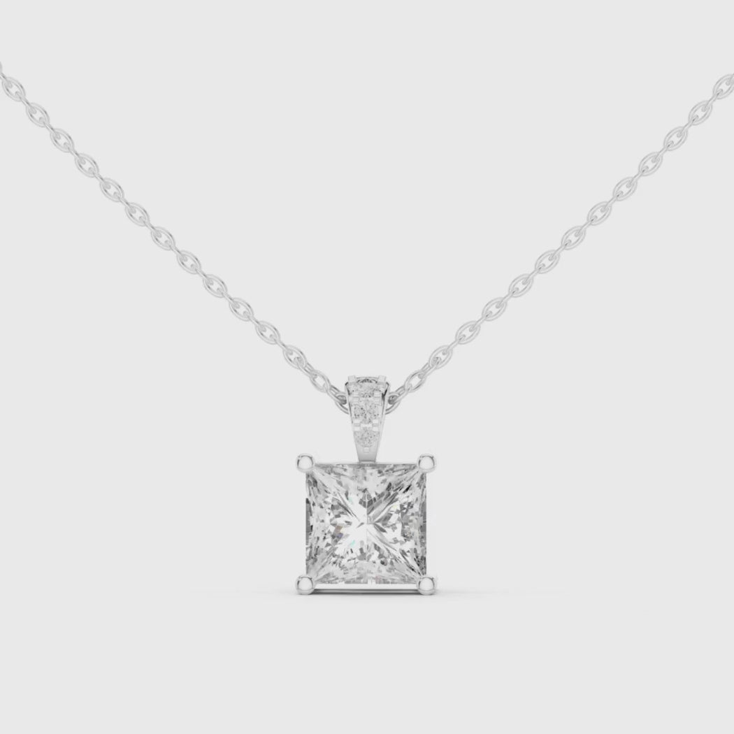 Princess Cut Diamond Pendant 1.96ct with Round Accents |  White Yellow Rose Gold Fine Jewelry Gift