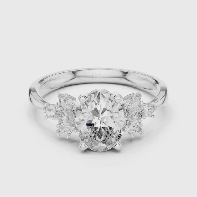 Oval Diamond Engagement Ring 1.00ct E VS1 with Marquise Accents 0.30ct | Gold Bridal Ring | Unique Anniversary Jewelry